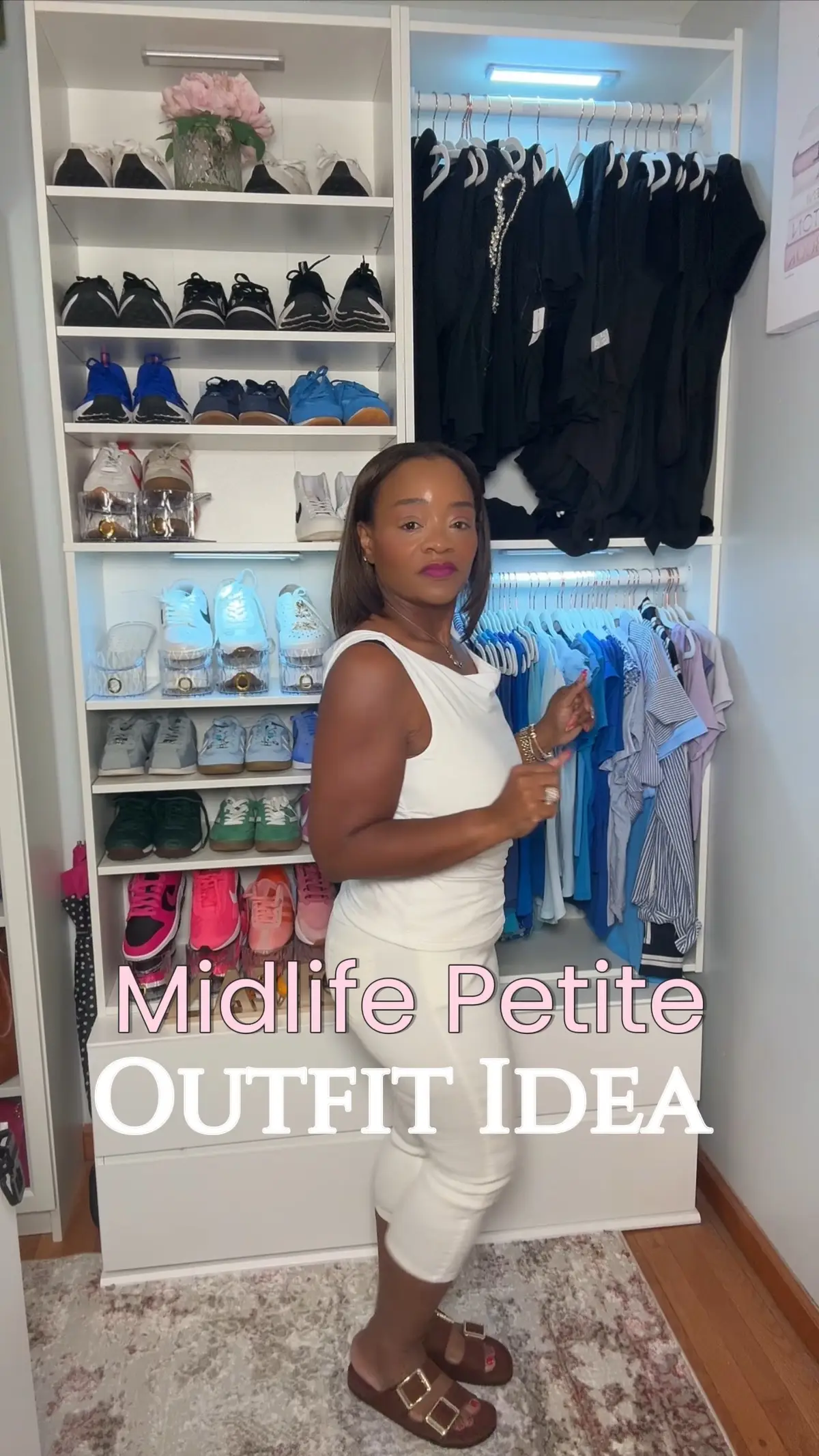 This simple all white casual petite outfit is perfect for errands, brunch, whatever.  Women in their 40’s, 50’s, 60’s still got it don’t count us out!  Check bio for deets!  @BR Factory - Top  @TJ Maxx - Jewelry  @Madden Girl - Shoes @Louis Vuitton - Purse  @SHEINUS - Pants @Ellis Brooklyn - Scent 