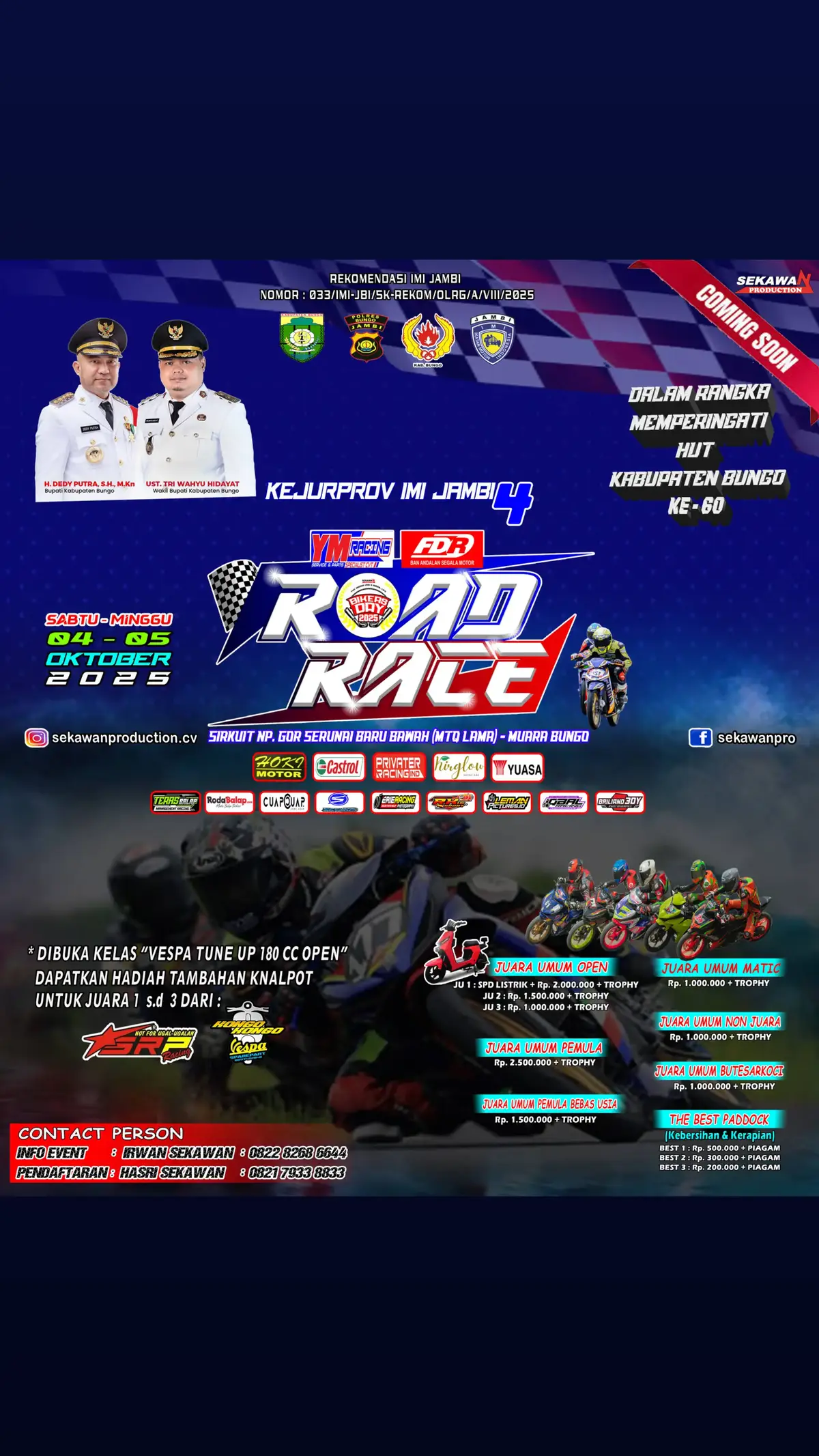 Saksikan dan Ikuti. Event Tahunan *Bikers Day* di Muara Bungo. 04 - 05 Oktober 2025 Dalam Rangka HUT Kabupaten Bungo ke- 60. Sirkuit GOR Serunai Baru Bawah (MTQ Lama). Muara Bungo  #kejurda  #roadracejambi  #roadracemuarabungo  #roadrace  #balapmotor  #muarabungo 