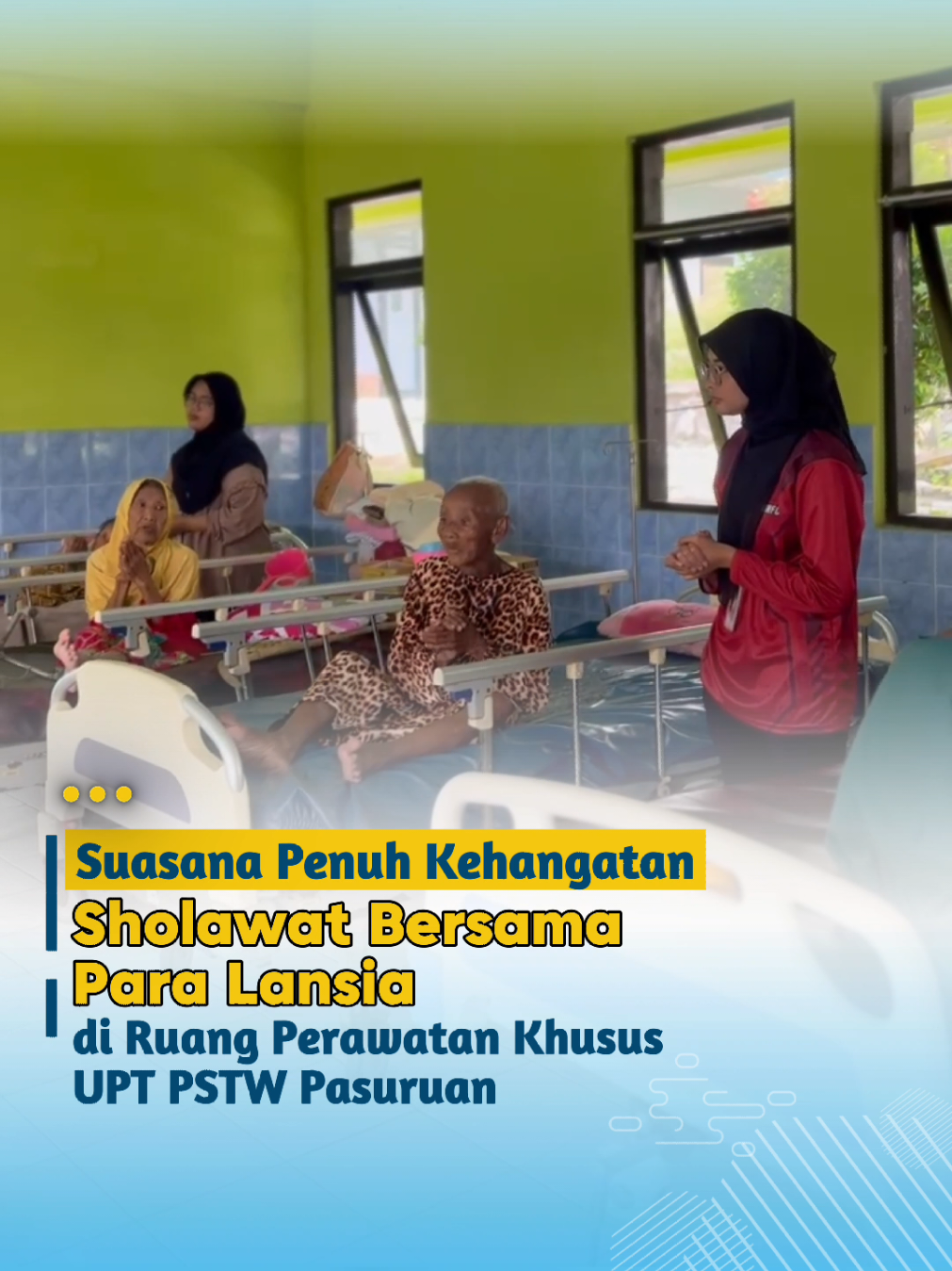 Kawan Showsial, di ruang perawatan khusus UPT Pelayanan Sosial Tresna Werdha Pasuruan, para lanjut usia yang tidak lagi mampu beraktivitas secara mandiri tetap mengisi hari-harinya dengan penuh makna. Mereka melantunkan sholawat bersama, sebagai penyejuk hati sekaligus pengingat akan kebersamaan dalam doa. Dinsos Jatim senantiasa mendukung upaya menghadirkan suasana yang hangat, penuh kasih, dan menenangkan bagi para lansia, agar mereka tetap merasa dihargai dan dicintai di usia senjanya. @khofifah.ip @emildardak @adhykaryononew @restunovi53 @humasprovjatim @kominfojatim @jatimpemprov #dinsosjatimmelayanimenyelesaikan #dinassosialjawatimur #dinsosjatim #dinsos #nawabaktisatya 