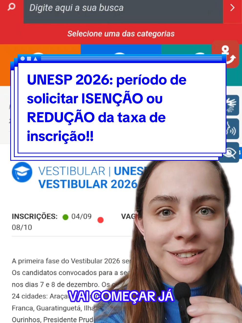 🚨 Atenção, futuros calouros da UNESP 2026! 🚨 O período de solicitar ISENÇÃO ou REDUÇÃO da taxa de inscrição pro vestibular da UNESP 2026 começa amanhã (25/08) e vai só até o dia 31/08 !! ✨️ Se você se enquadra nos critérios que eu explico no vídeo, já se organiza para não perder o prazo! #unesp #vestibular #enem2025 #fyp #filadd 