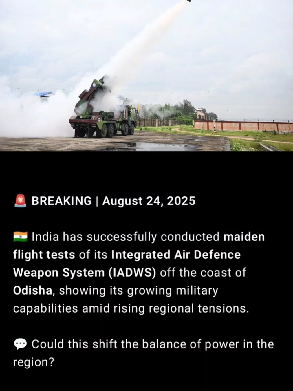 🚨 BREAKING | August 24, 2025 🇮🇳 India has successfully conducted maiden flight tests of its Integrated Air Defence Weapon System (IADWS) off the coast of Odisha, showing its growing military capabilities amid rising regional tensions. 💬 Could this shift the balance of power in the region? 📰 SignalByOmar Stay ahead with @SignalByOmar — where facts meet urgency. #India #DefenseNews #MilitaryTech #AsiaSecurity #SignalByOmar