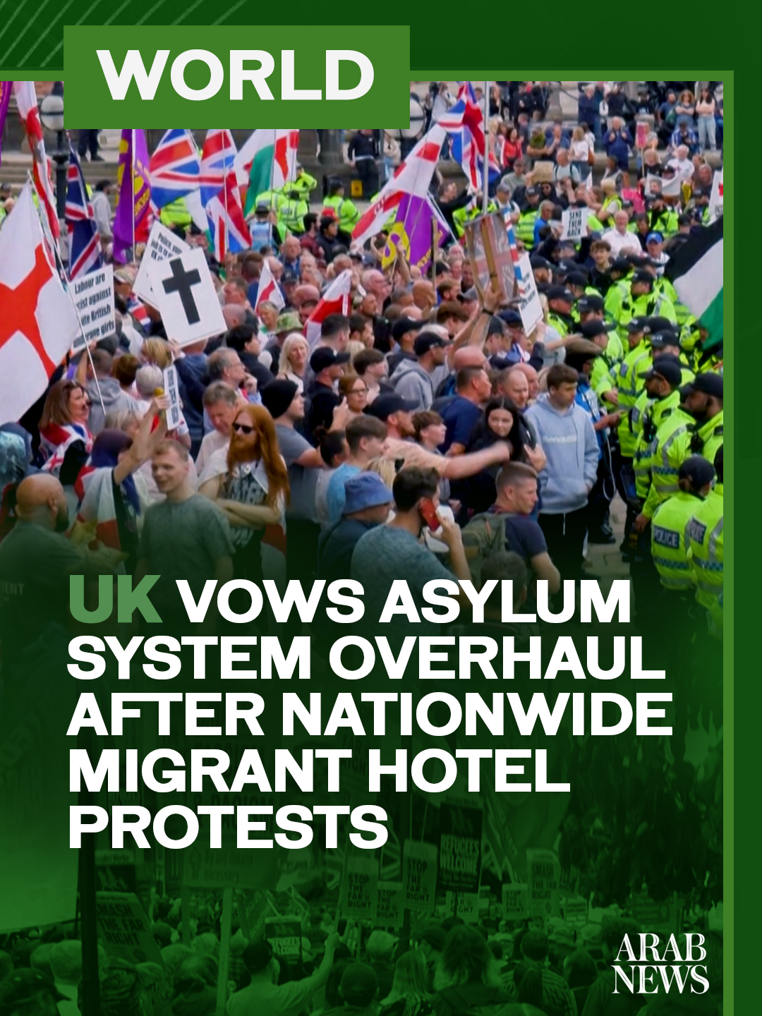 The UK government vowed on Sunday to overhaul its asylum system after weekend protests broke out across the country at hotels housing migrants, with more planned.