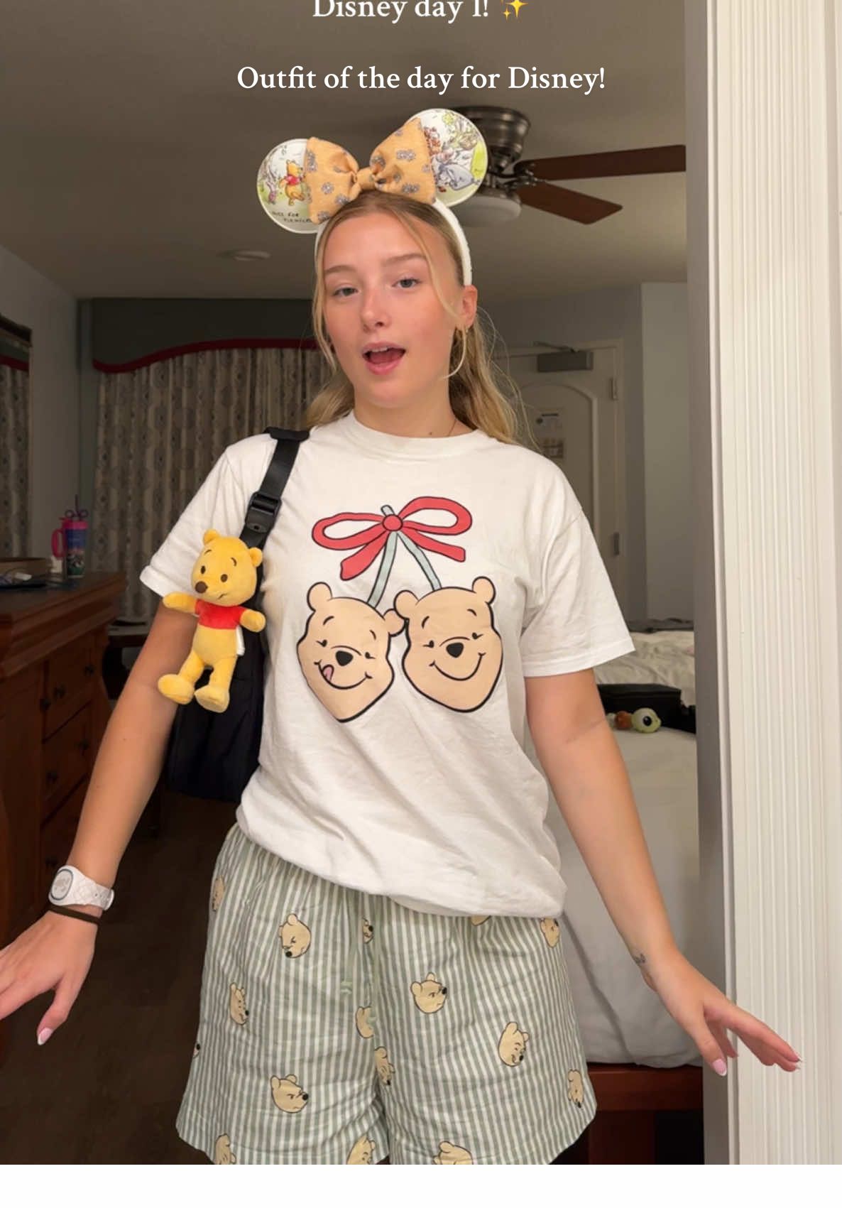 Disney outfit of the day for our first day! ✨🤍🍯 Today. we went to magic kingdom for breakfast in crystal palace with Winnie the pooh & his friends (hence the winnie the pooh themed outfit) & spent the morning doing rides.  We then picked up our car and did some shopping before ending the night in our resort!  Here’s my outfit details: Top: @Whimsy Wonderland small Shorts: @Primark  Bag: Tiktok shop Shoes: Sketchers Accessories: @Disney Store and @Disney Store UK  #disneyoutfits #disneyoutfit #disneyoutfitinspo #disneyparks #magickingdom 