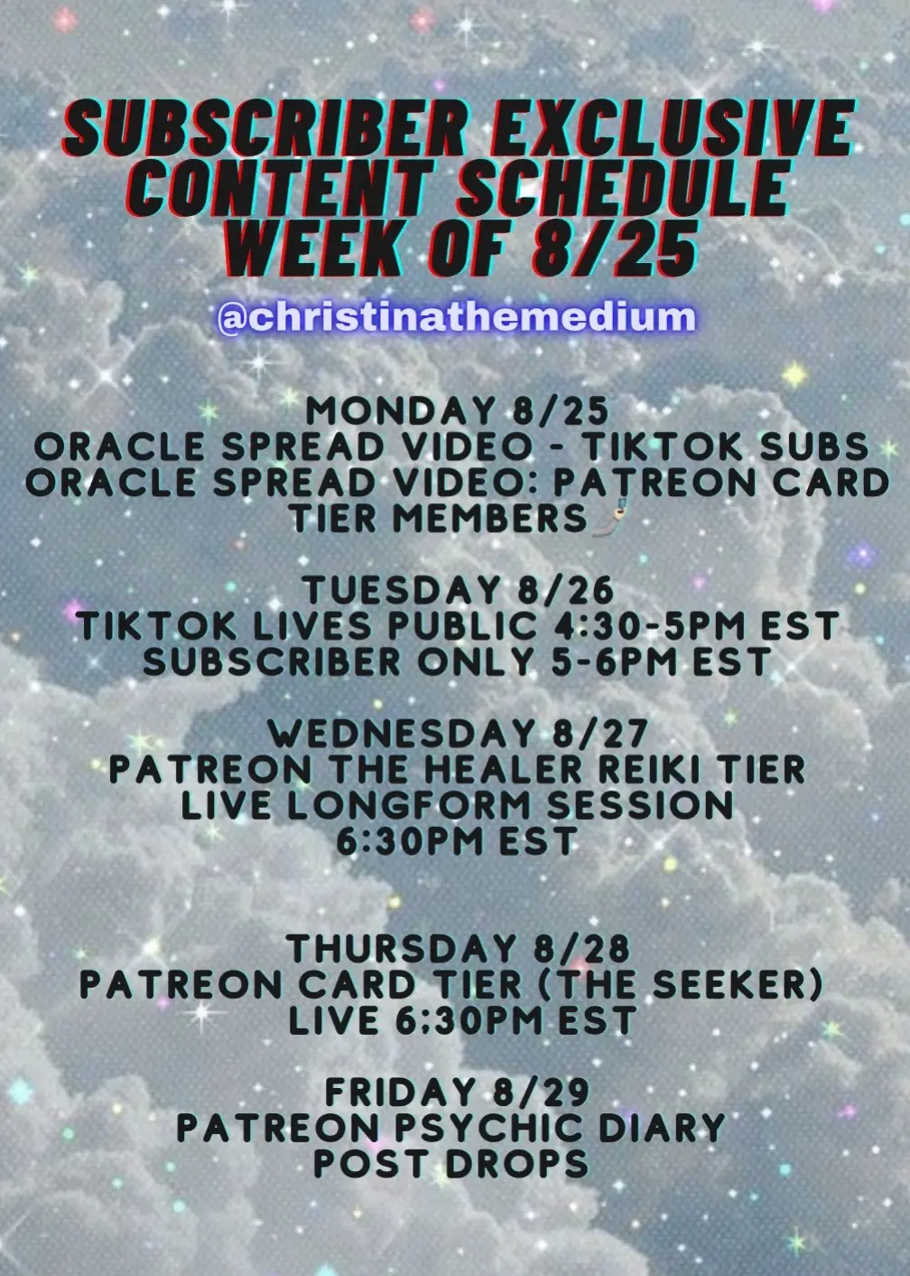 TikTok Sub only AND Patreon Member Schedule up for the week of 8/25 • Happy week ahead lovelies!  • Want access to my Patreon? Click my Linktree link pinned in my bio & Click Patreon Channel for more info 🩵 • 🩷🫶 #fyp #fypシ #fypシ゚viral 