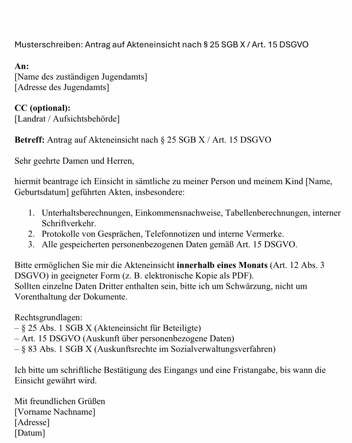 📌 Musterbrief für alle, die Ärger mit dem Jugendamt haben: 👉 Mit diesem Schreiben kannst du **Akteneinsicht** verlangen – egal ob bei Unterhaltsberechnung, Beistandschaft oder anderen Verfahren. ⚖️ Rechtsgrundlagen: § 25 SGB X, Art. 15 DSGVO, § 83 SGB X 📝 Einfach Daten eintragen, abschicken, fertig. 💡 Tipp: Immer per Einschreiben oder mit Eingangsbestätigung einreichen! #Jugendamt #Akteneinsicht #Elternrechte #unterhalt #behörde 
