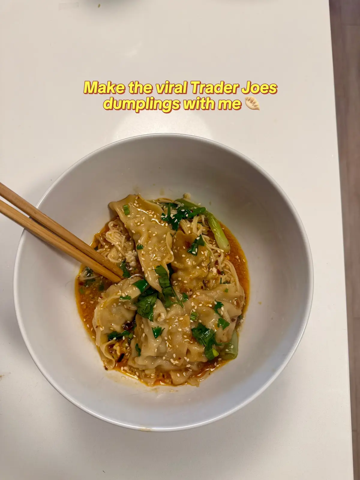 Ingredients: 	•	3 tbsp Soyaki 	•	1/2 bottle Thai Style Red Curry Sauce 	•	1/2 cup Coconut Cream 	•	1–2 tbsp Crunchy Chili Onion 	•	1/2 cup Water 	•	1 bag frozen potstickers (I used Pork Gyoza) 	•	Cilantro + green onion (for topping) •Preheat oven to 400°F. •Mix Soyaki, curry sauce, coconut cream, chili onion, and water in a bowl. •Place frozen potstickers in a baking dish and pour sauce mixture over the top. •Cover with foil and bake 30–40 mins. •Top with cilantro + green onion. Serve over rice or sautéed spinach. #traderjoes #traderjoesfinds #dumplings 