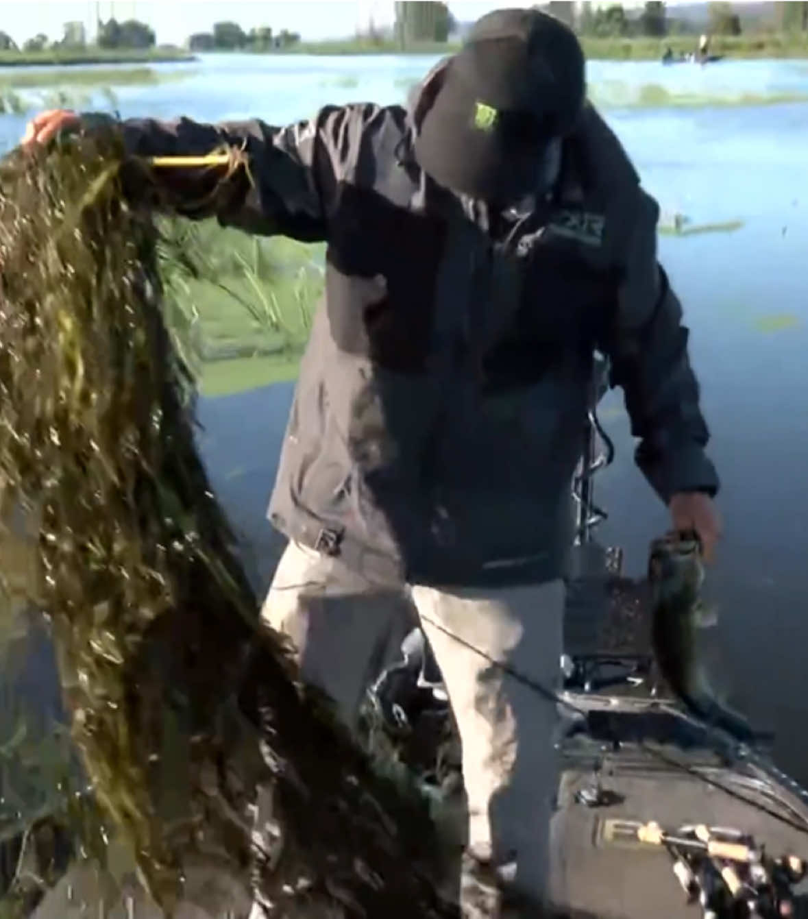 Bass with a giant side of grass, the recipe for success. @Cooper Gallant is clearly having a blast on Championship Sunday! 🌿🌱 #bass #bassmaster #bassfishing #BassElite 
