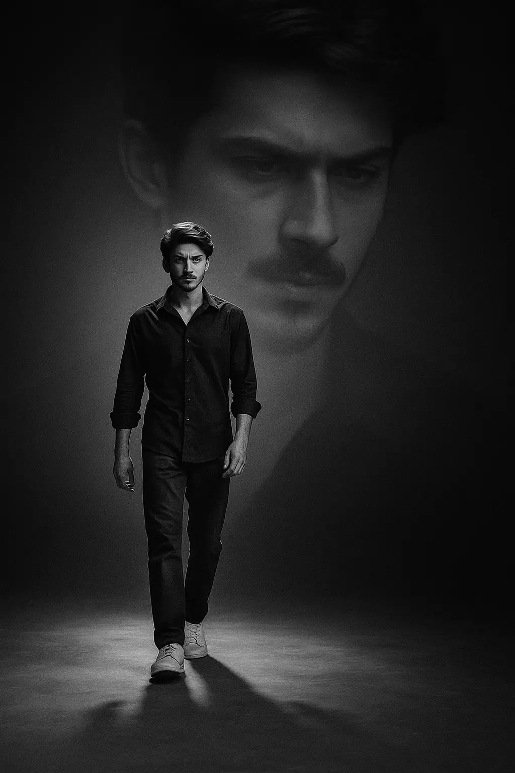 1-A dramatic black-and-white cinematic portrait series of a young man. In one scene, he walks forward in casual clothes, hands relaxed, under a spotlight, his giant faded face looming in the background like a reflection of his inner thoughts. In another, he sits on a chair, hands clasped, looking contemplative, while his oversized face hovers behind him in soft focus. High contrast, moody minimal studio, surreal dual-exposure style. 2-Ultra-realistic 8K portrait of a young man named KAMRAN, standing against a deep red background. He has sharp facial features, messy styled dark hair, and a confident, slightly intense expression. He is wearing a black suit jacket over a white dress shirt with the collar slightly open, paired with a loosely knotted red striped tie. Dramatic red and black lighting highlights the contours of his face, jawline, and neck, creating a cinematic, powerful, and moody atmosphere. 3-Hyper-realistic low-angle shot of a young man walking on an abandoned railway bridge at blue hour. Head down, hands in pockets, wearing a colorblock wool sleeveless sweater over a royal blue linen shirt, baggy brown pants, and Adidas Samba OG sneakers. Tousled curls, rugged watch, backpack on shoulder. 4-Minimalist black-and-white vector illustration of a confident young man with styled hair and trimmed beard, wearing a casual open-collar shirt. Clean sharp outlines and bold shadow contrasts, giving a graphic poster effect. Behind the figure, the name “KAMRAN” appears in giant bold sans-serif capital letters, stretching across the composition. Black background with pure white highlights creates a striking high-contrast stylish and powerful. 5-A moody, cinematic portrait of a young man standing against a dark, blurred background with colorful light streaks and glitch-like effects. He is looking down with a contemplative expression, holding a delicate pink flower in one hand. He wears a loose, cream-colored outfit with a deep neckline, layered with a chain necklace. The lighting is soft and diffused, casting subtle shadows on his face, creating a dreamy and surreal atmosphere with motion blur around his body. 6-Nighttime full-body shot of a man with glasses leaning on a flyover railing. Wearing distressed denim jacket (sleeves rolled), white hoodie, khaki cargo pants, Converse sneakers, sports watch. Hands in pockets. Cityscape with São Paulo city blurred. Natural street lighting, cinematic color grade, sharp focus, 8K detail. 7-