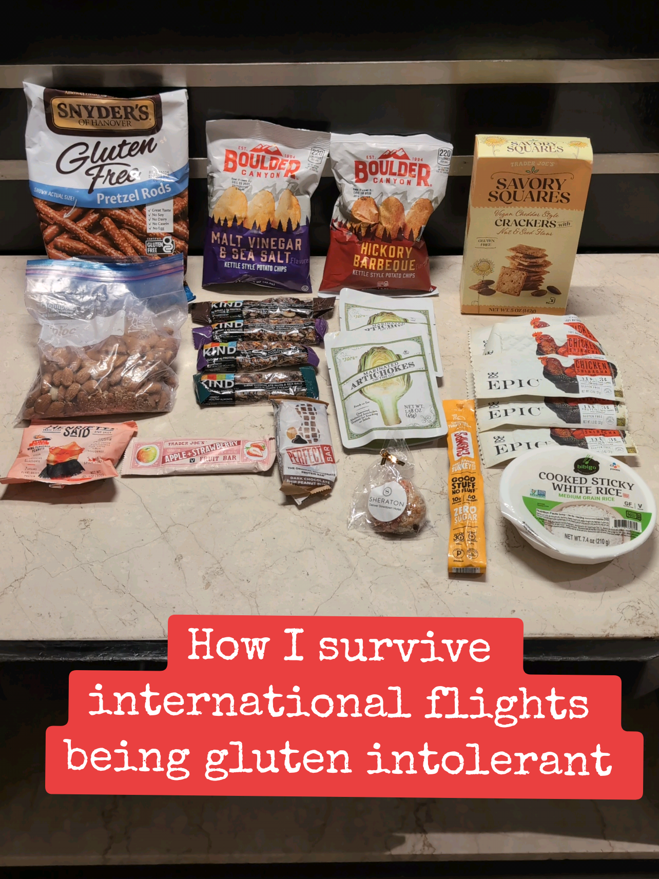 POV: You’re gluten-free and don’t trust airport & airline food 😏✈️ @Snyder’s of Hanover @kindbars.com @Trader Joe's @Chomps  #IamBrandeeLake #GlutenFreeTravel #CarryOnEssentials #TravelSnackBag #AirportLife
