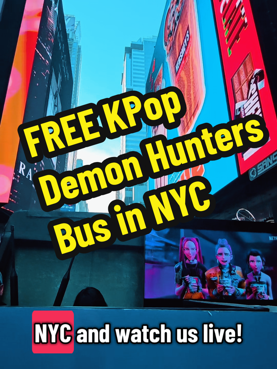 such a fun and cool experience! thanks @Netflix for the @Kpop Demon Hunters Netflix tour bus karaoke sing-along  ❤️✨ @Netflix Family made a ton of kids and adults alike super happy. ✨❤️ 1-8 pm August 22-24 📍Times Square 48th and 7th Ave by M&M store cost: FREE #kpopdemonhunters #animenyc #nyc #newyork 