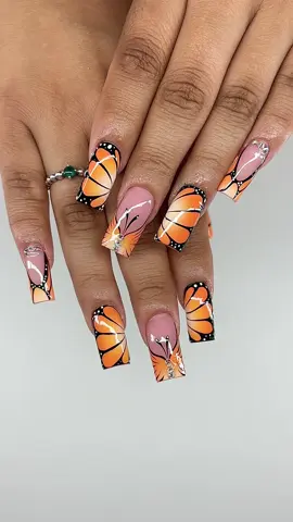 WATCH ME WORK: Butterfly Effect 🧡🖤 Acrylic color: “Passion” from @elegancenailsupply (Discount Code: YARI) Recreation: @tasnailedit  nails, medium nails, tapered square nails, butterfly nails, orange nails, aura nails, french nails, hand painted nail art, airbrush nails, ombré nails, abstract nail art, vacation nails, fall nails, summer nails, nail ideas, nail inspo, nail videos, nail tutorials, nj nail tech, newark nj nail tech 