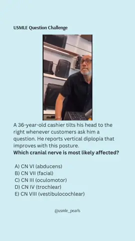 Imagine you’re checking out at the store and notice the cashier keeps tilting his head to the side every time you ask a question 🤨. Weird habit… or hidden diagnosis? 👀 This is one of those classic step-style scenarios where body language tells you more than words. Med students — what’s the underlying problem here? 🧠 Think you know the answer? Comment below ⬇️ and tag a friend who’s grinding for Step right now 📚🔥 ⸻ #MedSchool #USMLE #Step1 #Step2CK #Step3 #MedStudent #MedLife #MedTok #FutureMD #DoctorsOfInstagram #ClinicalPearls #ExamPrep #BoardPrep #MedEd #MedicalMeme #MedStudentHumor #ResidentLife #MedSchoolProblems #fyp #foryoupage #xyzbca #trending #viral #medfyp #studyfyp ⸻ Explanation: This is a CN IV (trochlear nerve) palsy. The superior oblique muscle depresses and intorts the eye. When it’s weak, patients experience vertical diplopia, especially when looking down (like reading or going downstairs). To compensate, they tilt their head away from the affected eye to realign vision. That’s why the cashier unconsciously tilts his head to the right — it helps fuse the images. 	•	CN III palsy → ptosis, “down & out” eye, possible dilated pupil 	•	CN VI palsy → impaired abduction 	•	CN VII palsy → facial droop 	•	CN VIII palsy → vertigo/hearing loss ⸻ Answer: D) CN IV (trochlear nerve) ✅
