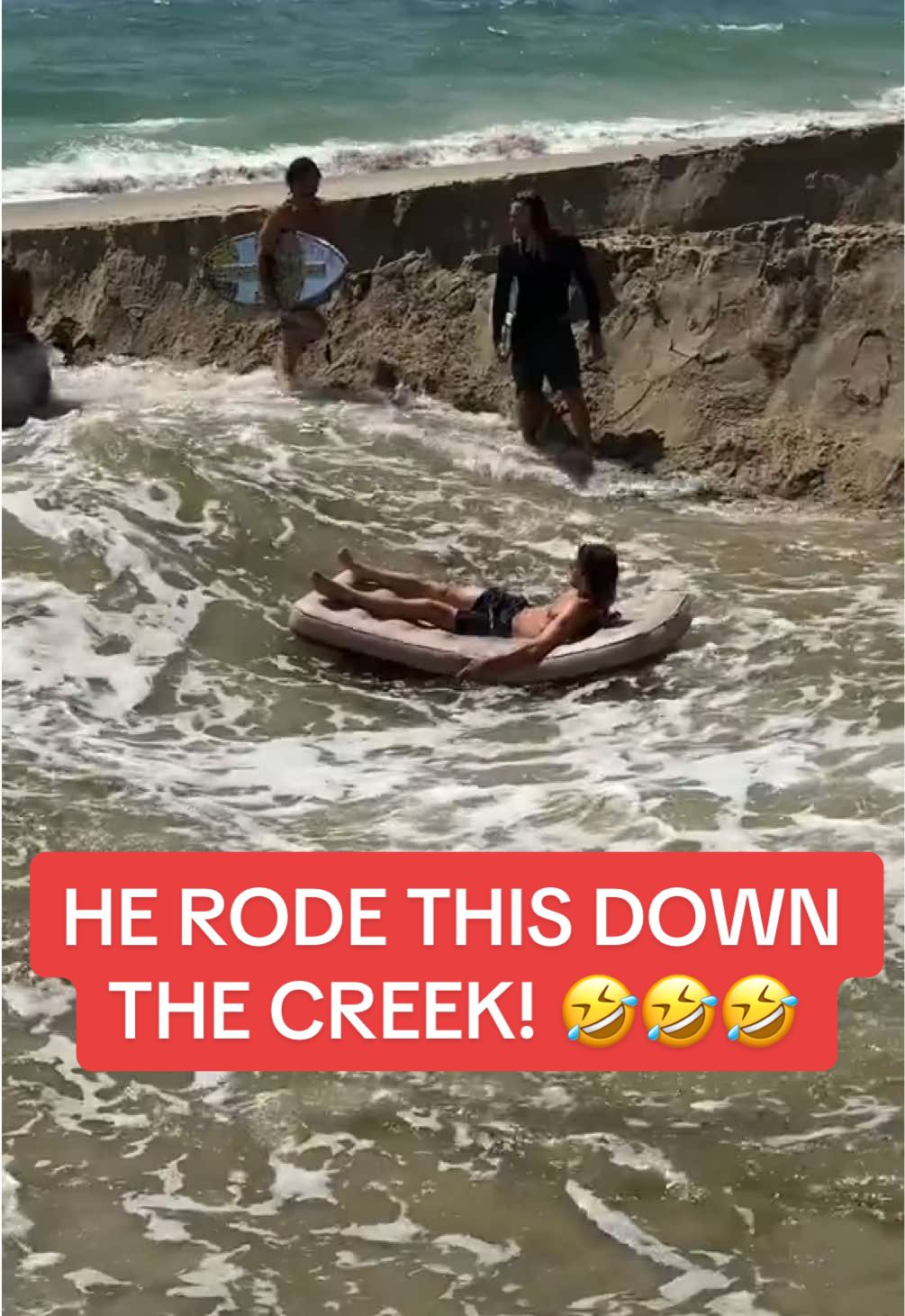 @Jackcrazylegs Going down the creek on a Mattress! 🤣 - & @Max Bourne riding the creek on his skimboard 🤙🏼 #CreekChronicles #JackCrazyLegs #Funny #SoLagLocal 
