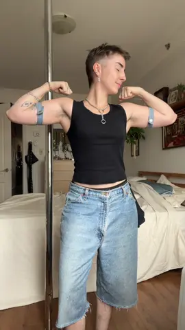Just sewed these denim bicep cuffs!! (and using them as an excuse to flex) #masc #queer #sewing #butch 