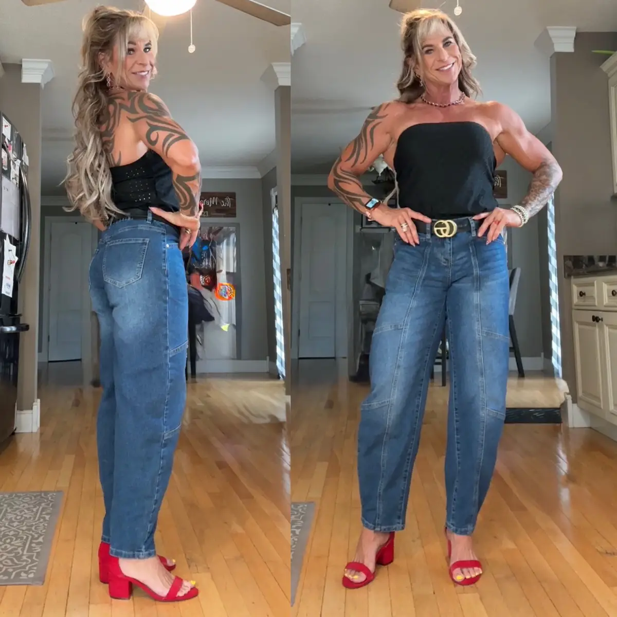 “From chalk on my hands to heels on my feet. Same girl, different look. 🔥”  Discipline in the gym. Confidence outside of it. Fitness is about building the version of you that shines everywhere.” #StrongAndBeautiful #FitAndFeminine #MusclesAndMascara #LiftingLadies #StrongIsPretty 