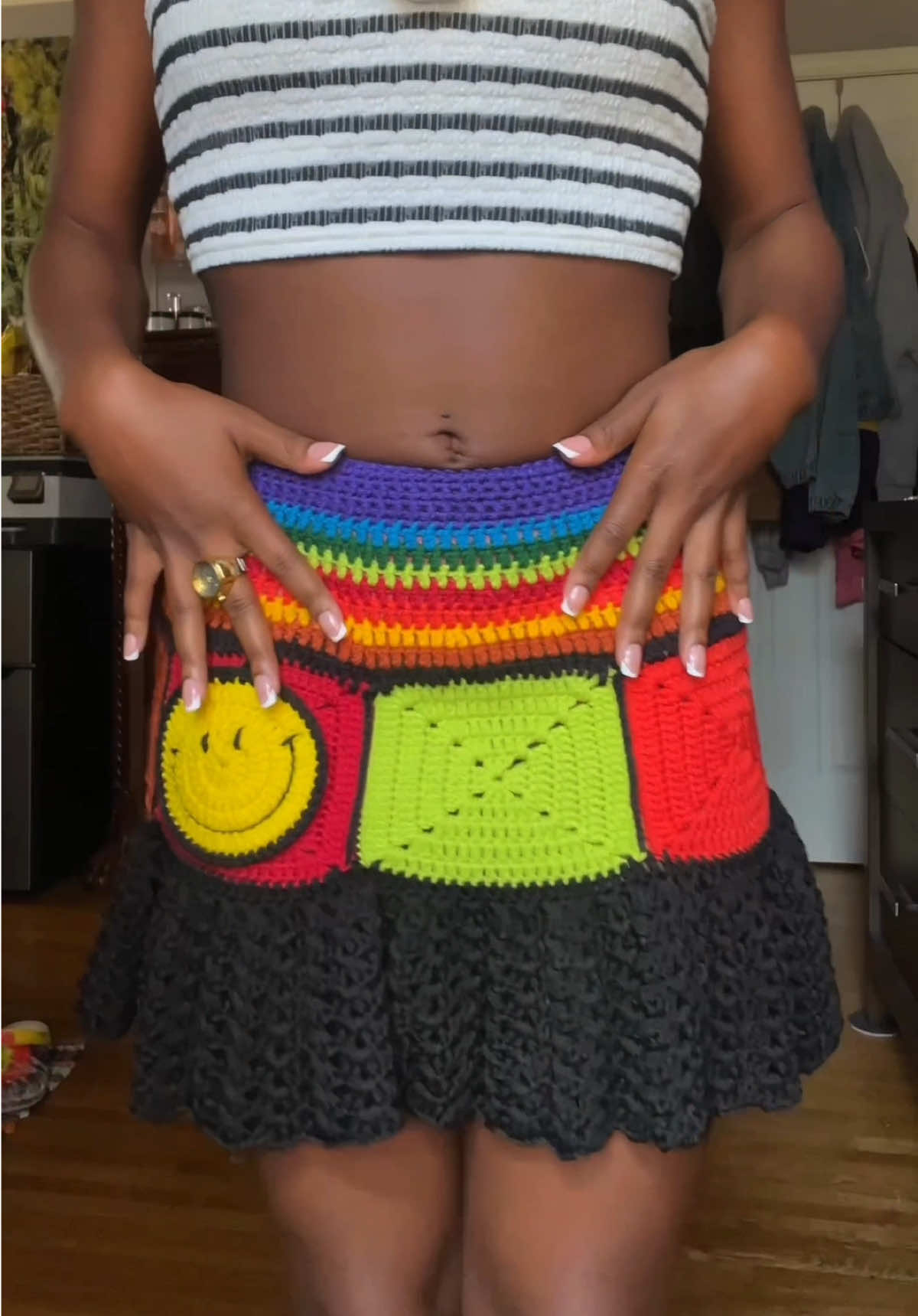 One more reason I love artwear: the ideas are endless 💫  p.s. she’s not 100% done yet—still gotta add more patches  www.elevn22studio.store  #artwear #crochetfashion #pinterestinspo #ootdinspo #boldfashion 