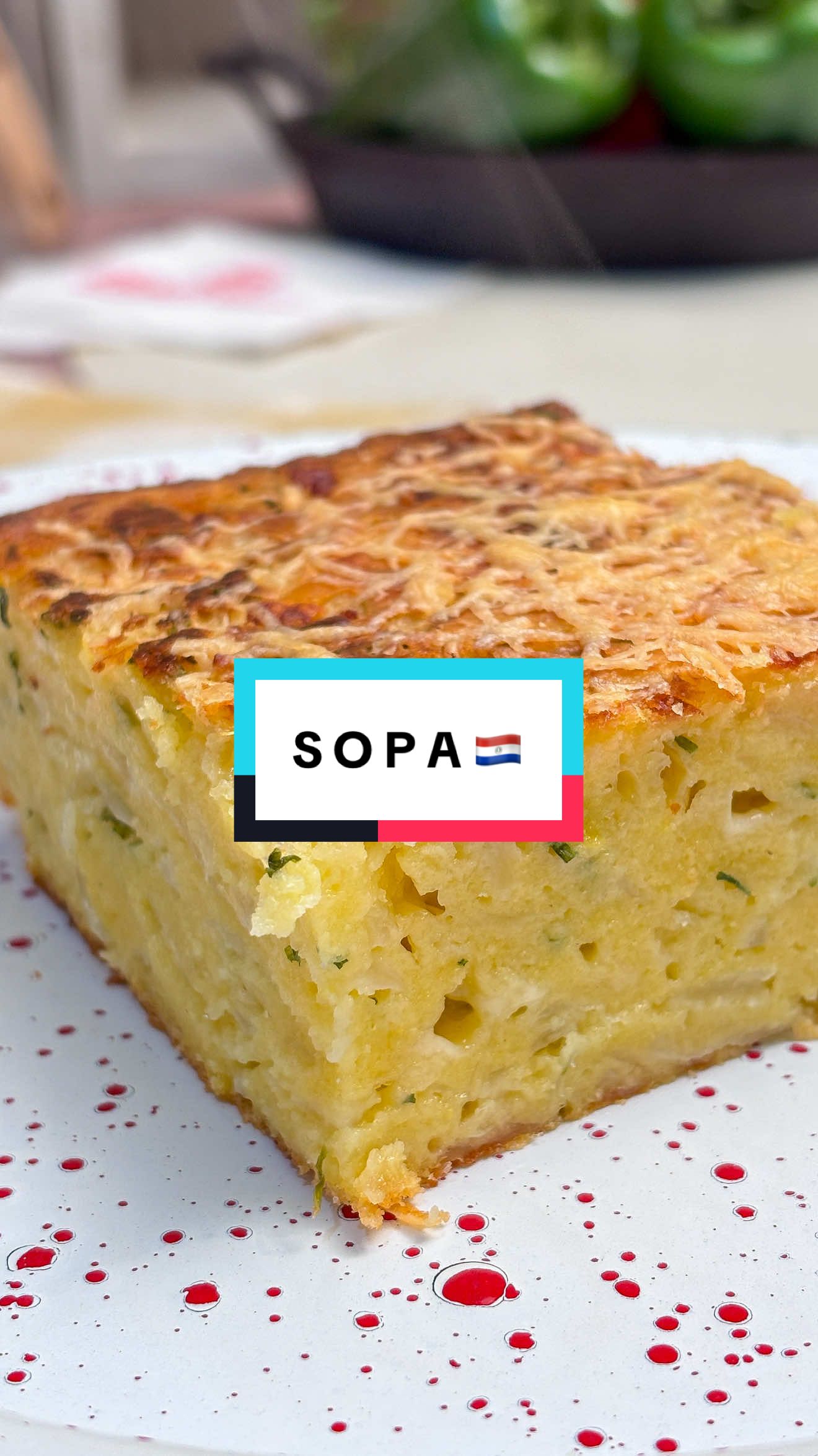 SOPA PARAGUAYA!
 
 La sopa solida mas rica que existe!
 Receton junto a los amigos de @lacteosbarrazasa 
 
 INGREDIENTES
 -250 gr de harina de maíz
 -400 cc de leche
 -1 cda de polvo de hornear
 -2 cebollas caramelizadas
 -3 huevos -100 aceite -20 grs sal 
 -100 gr de queso sardo Barraza rallado
 -200 gr de queso semi duro Barraza
 -200 gr de queso muzzarella Barraza
 
 
 PROCEDIMIENTO
 
 1. Comenzamos batiendo claras a nieve.
 
 2. En un bowl aparte mezclar yemas, cebolla, leche, quesos, harina y polvo de hornear.
 
 3. Incorporar las claras a nieve.
 Colocar la mezcla en placa caliente con aceite.
 
 4. Llevar a horno 170 grados por 40 a 50 minutos.
 
 #SopaParaguaya
 #RecetaParaguaya
 #Barraza
 #Paraguay
 #TikTokFood