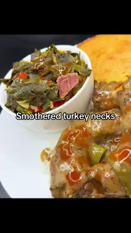 Sunday dinner with smothered turkey necks, collard greens with smoked turkey and blueberry cornbread. #sundaydinner #dinner #soulfood #tiktokfood #fyp