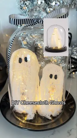 Let’s make this $59 Pottery Barn Ghost Cloche for less than $15! Save this post for when you’re ready to make them! You’ll need a cloche (this one was $8 from Target), forms for the ghost shapes, a black plate (this one’s from the dollar tree), bleached cheesecloth (this is left over from the cute guy to my left), Mod Podge, and gloves because this gets a bit messy. Mix about 1 part Mod Podge to 1 part water (you only need about 1/4 cup of each for this project).  Cut your cheesecloth to shape, put your gloves on and soak your cloth. Make sure to set your forms on a flat surface so they can dry for 24 hours. Drape the wet cheesecloth over the forms and fluff them to fit. I used 3 pieces each for these ghosts. You’ll want to make sure to fluff them exactly how you want them because they’ll dry that way. They also need to touch the surface so they’ll stand on their own.  Once dry in about 24 hours, fill with fairy lights if you want (mine are on a time too!). Then, hot glue tiny black felt pieces for eyes. I tied a ribbon on my cloche and hot glued a spider to the side. There you go!  https://liketk.it/4Q2R2  🏷️🏷️🏷️ Ghost cloche  Pottery barn look a like Halloween decor  Halloween 2025 #halloweendecor #halloween2025 #halloweendiy #ghostdecor #diyhalloweendecor       