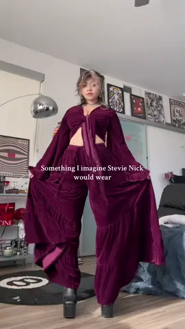Lately she had been my obsession. This outfit tho? I personally love a full velvet moment when I do wear velvet, look like a maxi skirt but they’re actually pants? Huge pockets and stretchy waist band? Too comfortable to pass.  . . . . #velvet #tiktokshopcreatorpicks #fallfashion #goth #bohovibe 