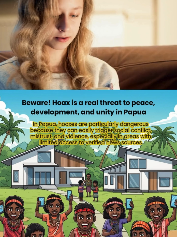 Hoaks : ancaman bagi damai & persatuan ✋ Mari lawan hoaks dengan cek fakta sebelum percaya dan membagikan. #PapuaDamai #LawanHoaks #NKRI #CekFakta #WestPapua #MajuPapua