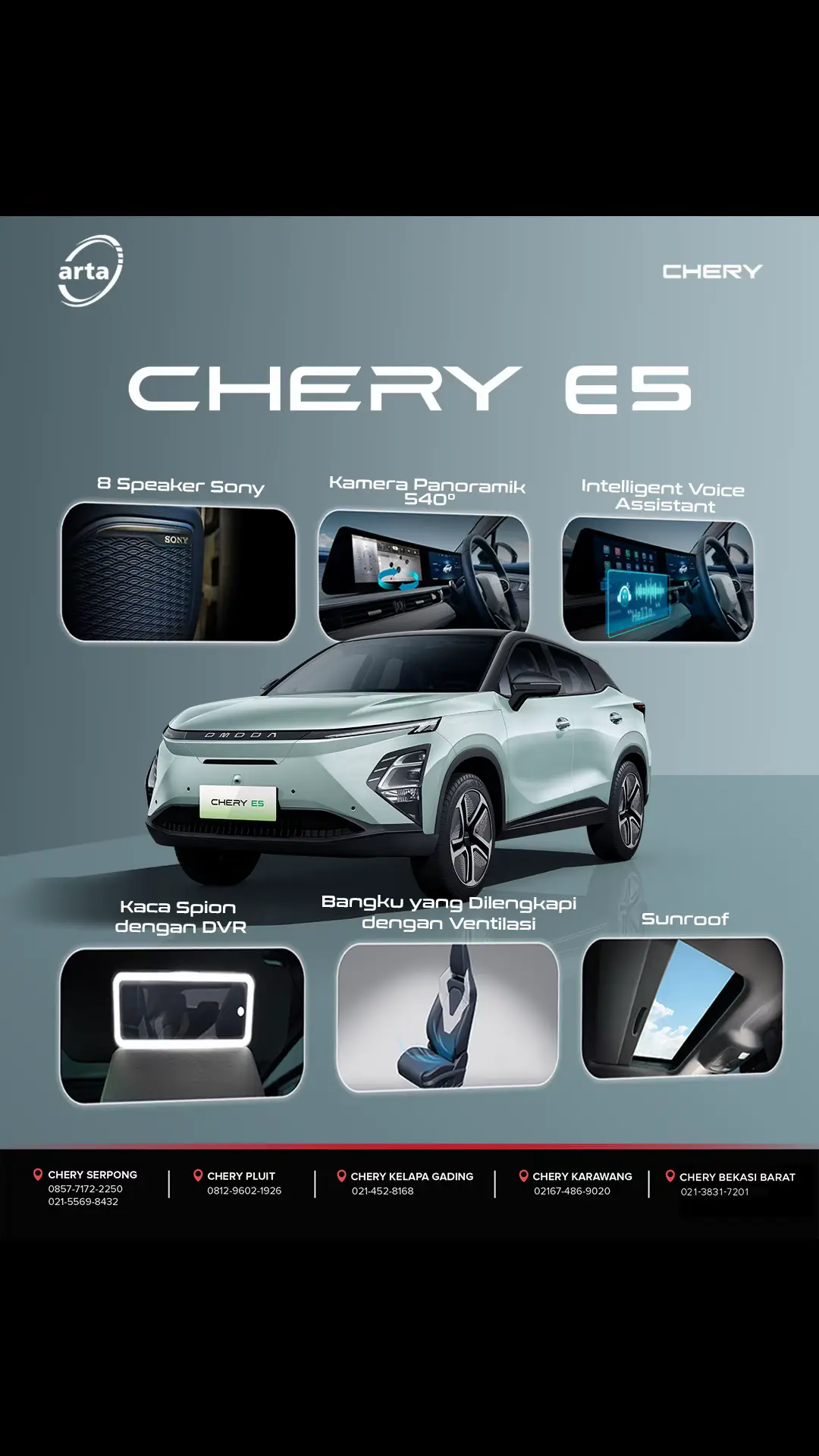 Chery E5 dirancang untuk memberikan pengalaman berkendara yang lebih intuitif, aman, dan memuaskan. Setiap detail pada Chery E5 mencerminkan inovasi dan kepedulian terhadap kebutuhan kamu. Cobain Chery E5 dengan test drive di Chery Arta! #CheryE5 #E5 #CheryEV #ElectricVehicle #mobillistrik #mobillistrikchery #CheryArta #CheryIndonesia #Chery #mobil #otomotif #servicemobil #jualmobil #DealerCheryTangerang #DealerCherySerpong #DealerCheryPluit #DealerKelapaGading #DealerKarawang #DealerCheryBekasiBarat #ServiceChery 