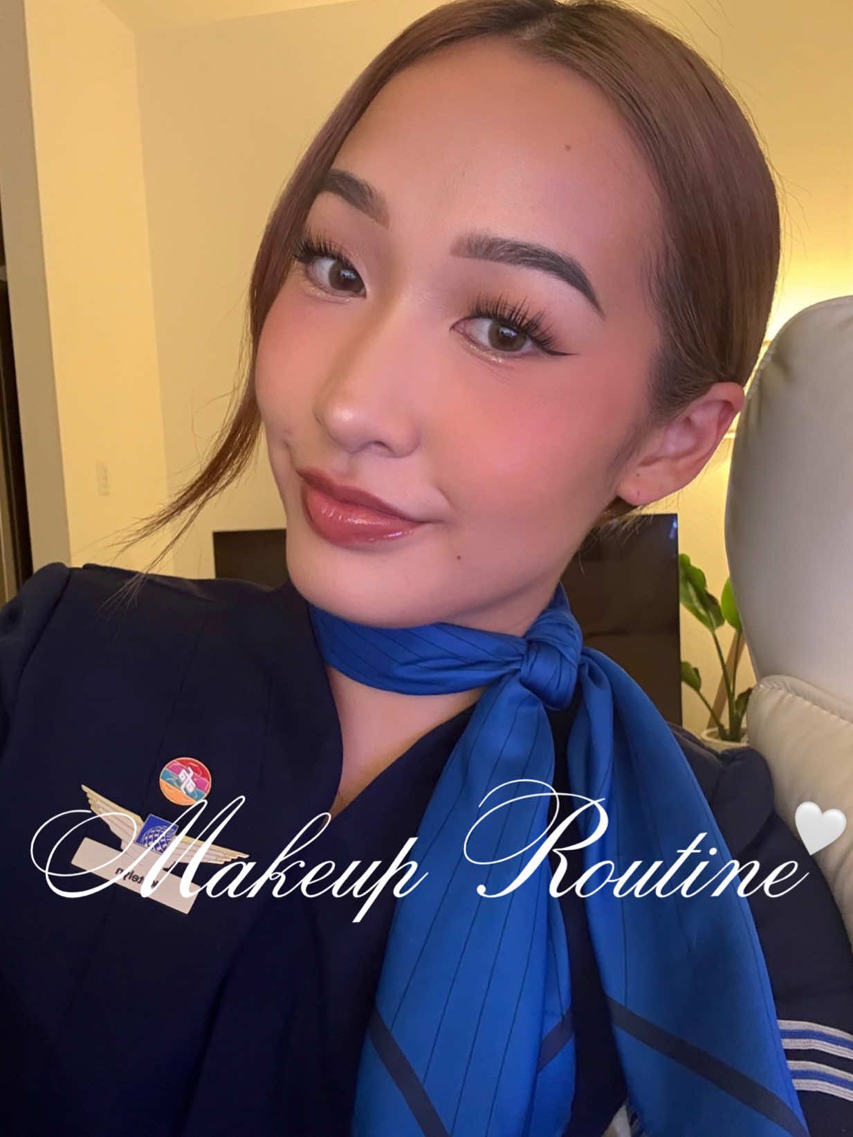 Replying to @G here is my makeup routine for work/everyday! ✨ my makeup usually is on for 12-18 hours and I don’t ever have to retouch it💋 peep twice playing in the background 😅😅 any once following me 😚🤍 #cabincrew #flightattendant #MakeupRoutine #makeup 