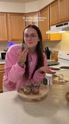 homemade mixed berry muffins for my loving husband🤭🫐🍓🤍  recipe:  pregeat oven to 425 and line a muffin pan for 6 muffins  start by mixing:  - 1 egg  - 1/3 milk (i used almond)  - 1 tsp vanilla extract  - 1/4 cup melted butter  set aside  in a new bowl, mix:  - 1 cup flower  - 1/2 cup granulated sugar  - 1 tsp baking powder  - pinch of salt  fold into bowl of wet ingredients toss mixed berries into a bowl with about 1/4 cup of flower, then fold into batter  bake at 425 for 5 min then finish with 17-20 at 350 (could depend on your oven)  & enjoy!!!  #baking #bakingrecipe #EasyRecipe #muffins #homemade 