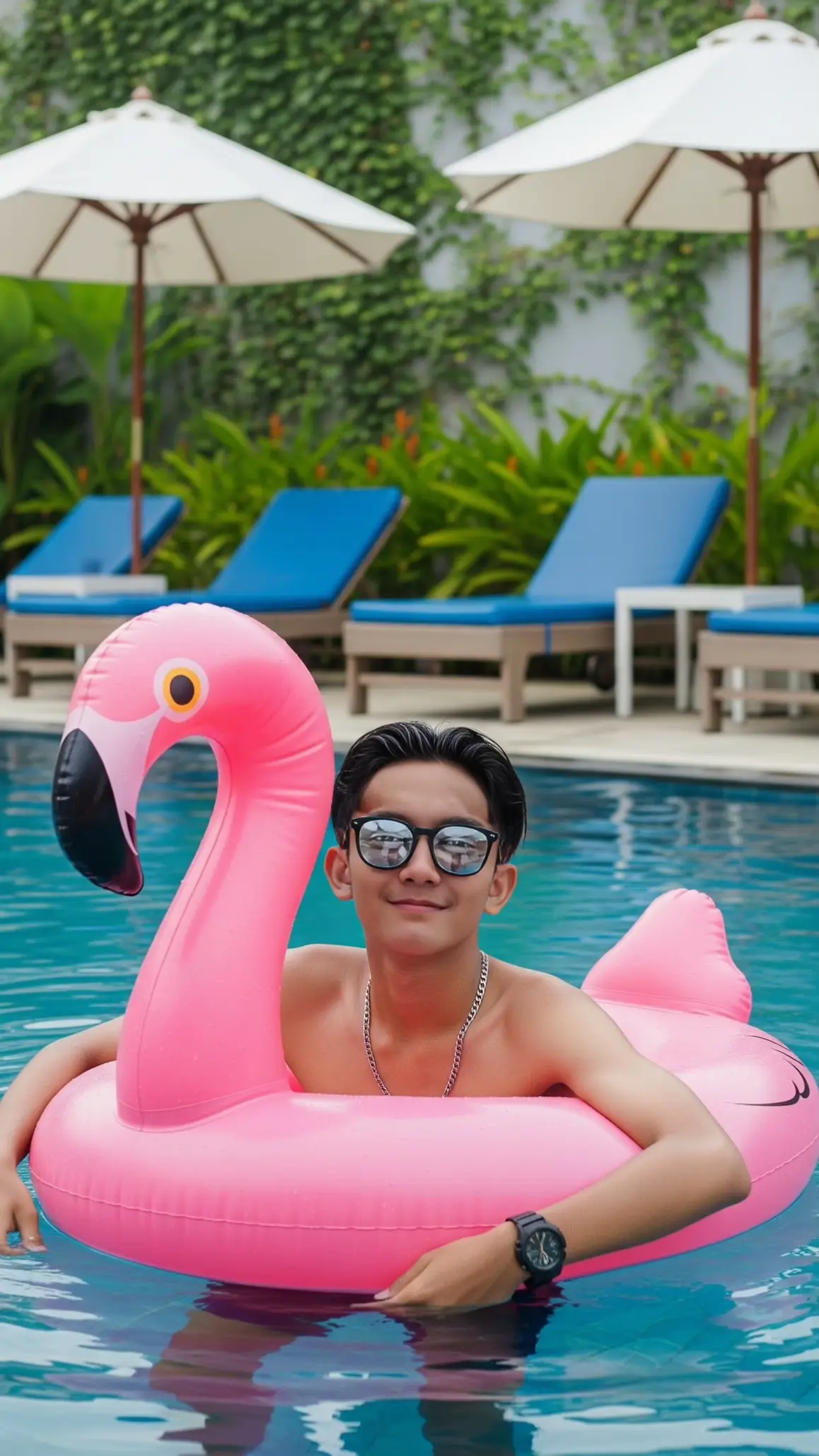 PRIA BERENANG DENGAN FLAMINGO Prompt:  Subjek: Seorang pria muda, berwajah Asia, sedang berada di kolam renang. Dia memakai kacamata hitam, rambutnya ditata rapi. Pria ini berada di dalam ban pelampung berbentuk flamingo berwarna pink cerah. Dia tersenyum santai ke arah kamera. Lingkungan: Latar belakangnya adalah kolam renang dengan air yang jernih dan biru. Di sekitar kolam terdapat kursi santai (sun loungers) berwarna putih di bawah payung besar. Terdapat juga tanaman hijau dan tembok dengan rambatan tanaman, menciptakan suasana liburan yang santai. Pencahayaan & Gaya: Pencahayaan alami yang cerah, khas suasana siang hari. Fotografi ini terlihat seperti potret liburan yang ceria, dengan warna-warna yang hidup dan kontras yang baik. Contoh Prompt yang Terstruktur:  * Subjek: Pria muda asia, di kolam renang, di dalam pelampung flamingo pink, memakai kacamata hitam, tersenyum santai.  * Latar Belakang: Kolam renang air biru, kursi santai putih, payung, tanaman hijau, suasana liburan.  * Gaya Fotografi: Potret, fotografi liburan, cerah, warna-warni, siang hari. #fyp #gemini #geminiai #prompt 