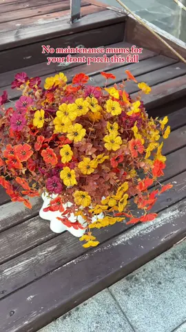 So great for the fall! Love the no maintenance and real look! #frontporchdecor #frontporch #falldecor #fallflowers #artificialflowers 
