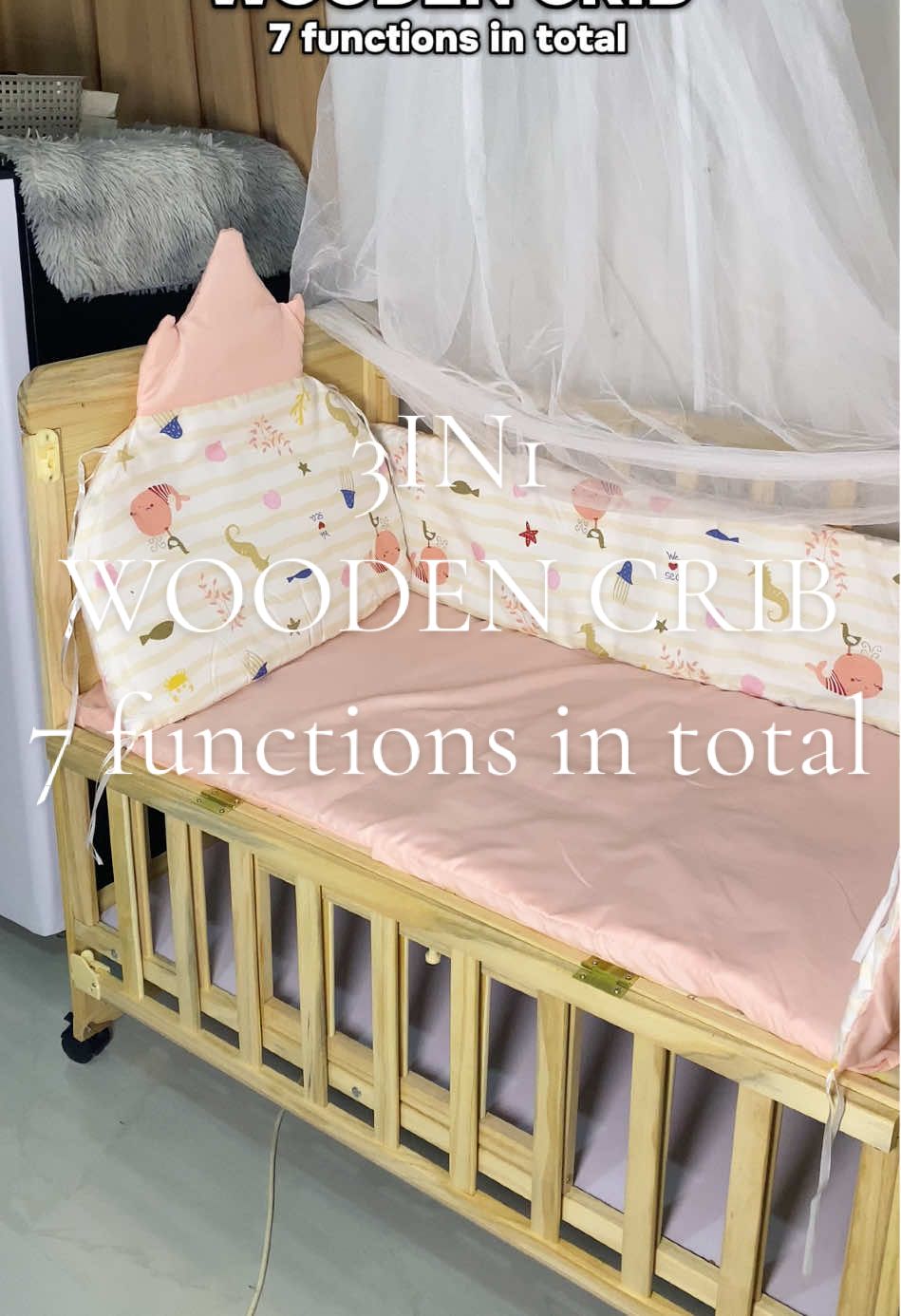 3 IN 1 WOODEN CRIB 7 functions in total pasabog nandito na lahat sa crib ang pwede mong gawin mima ☺️ #woodencrib #3in1crib #multifunctioncrib #babycrib #fyp 