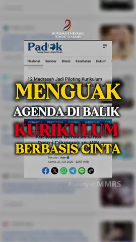 / Menguak Agenda di Balik Kurikulum Berbasis Cinta / Kemenag Sumbar meluncurkan Kurikulum Berbasis Cinta (KBC) dengan tujuan membentuk madrasah ramah anak, ramah lingkungan, dan berkarakter. Sekilas terdengar positif, namun istilah “cinta” yang dipakai di sini kabur dan tidak berlandaskan syariat Islam. KBC erat kaitannya dengan program moderasi beragama yang menonjolkan toleransi antarumat beragama. Sayangnya, toleransi yang dimaksud sering bermakna kebebasan tanpa batas hingga mengarah pada pluralisme, seolah semua agama sama. Jika dibiarkan, hal ini akan mengikis nilai-nilai Islam secara perlahan. Padahal, cinta dalam Islam adalah cinta karena Allah dan Rasul-Nya, yang melahirkan amar ma’ruf nahi mungkar. Demikian pula toleransi dalam Islam jelas: menghormati agama lain tanpa mencampuradukkan akidah dan ritual. Perlu dicatat, moderasi beragama bukan lahir dari kebutuhan umat Islam, melainkan proyek Barat pasca 11 September untuk melemahkan syariat dan mencegah kebangkitan Islam kaffah. Karena itu, umat harus kritis. Islam sendiri sudah rahmatan lil ‘aalamiin. Hanya dengan penerapan Islam secara kaffah, cinta yang hakiki benar-benar akan terwujud. #HotNews #muslimahminangrindusyariah #mmrs #MMRSNews #islamkaffah #kurikulumberbasiscinta #kbc Yuuuk raih pahala bantu sebar kebaikan dengan like, share dan comment postingan ini yaaa 🌻 Silahkan follow dan subscribe Fanspage, Instagram, Telegram, YouTube dan Tiktok 🌻 @MuslimahMinangRinduSyariah @MuslimahMinangRinduSyariah ===================== Berkarya Untuk Mencerdaskan Ummat ✊