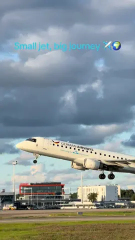 German Airways Embraer lifts off smoothly, showing the perfect balance of efficiency and style. A regional jet that proves size doesn’t define the beauty of flight. #aviation #planespotting #embraer #germanairways #avgeek 