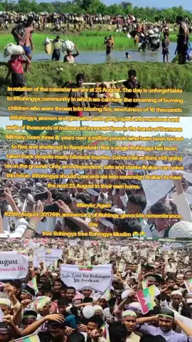 In rotation of the calendar we are at 25 August. The day is unforgettable to #Rohingya_community in which we can hear the creaming of burning children who were thrown into blazing fire, woefulness of 18 thousands #Rohingya_women and girls who were gang raped and murdered and wails of thousands of massacred innocent lives in the hands of Burmese Military. been three 8. years over a million people who have been forced to flee and sheltered in Bangladesh. Not a single Rohingya has been taken back despite many bilateral treaties. Genocidal actions still going on on the ground. Only an independent, safe and stable Arakan can solve this issue. #Rohingya should concentrate into sovereign Arakan to have the next 25 August in their own home. #Never_Again #25th_August_2017_4th_anniversary_of_Rohingy_genocide_remembrance_day  free Rohingya free Rohingya😭😭 