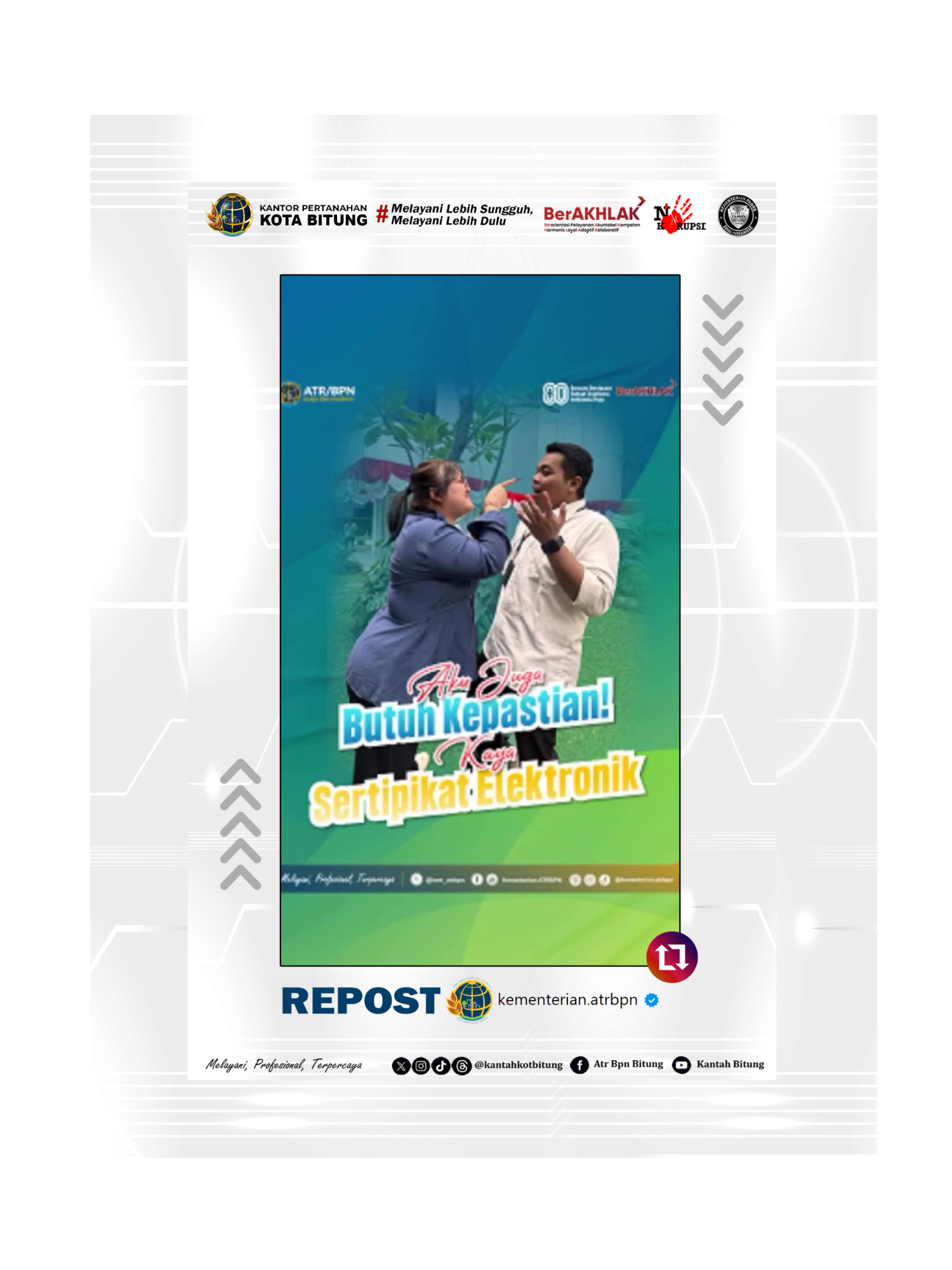 Repos @kementerian.atrbpn Halo #SobATRBPN, Sertipikat tanah merupakan tanda bukti yang memberikan arti penting bagi kepastian hukum hak atas tanah. Jadi, tunggu apa lagi? segera sertipikatkan tanahmu ke sertipikat elektronik! Andal dan aman dengan sertipikat elektronik☝🏼 #IndonesiaLengkap #ATRBPNKiniLebihBaik #ATRBPNMajudanModern #MelayaniProfesionalTerpercaya