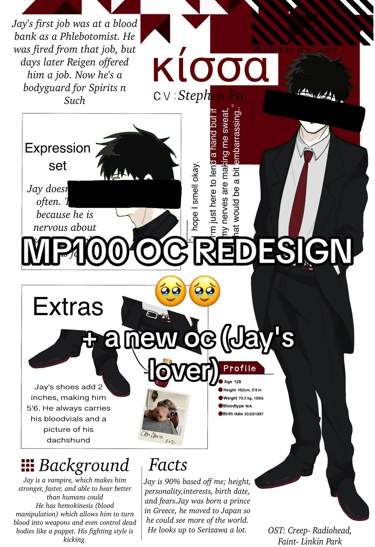 This will be posted on my oc account so don't be confused if you see it again! Jay will be posted way more on the alt account here: @🕷MR.JAY #2☂️ and will not be posted monthly like he will on my main! (He's posted every 25th) I didn't have time to draw Jay's butler or his dad but they'll come hopefully next month!  Artists mentioned: @kiwu @seal! @Serizawalover @m @Raine😼  Hope you guys like the redesign 🥹#mobpsycho100oc #l4theredinm1lk #art #fyp  @🌂🧂Hoi 🧮🐈‍⬛ 