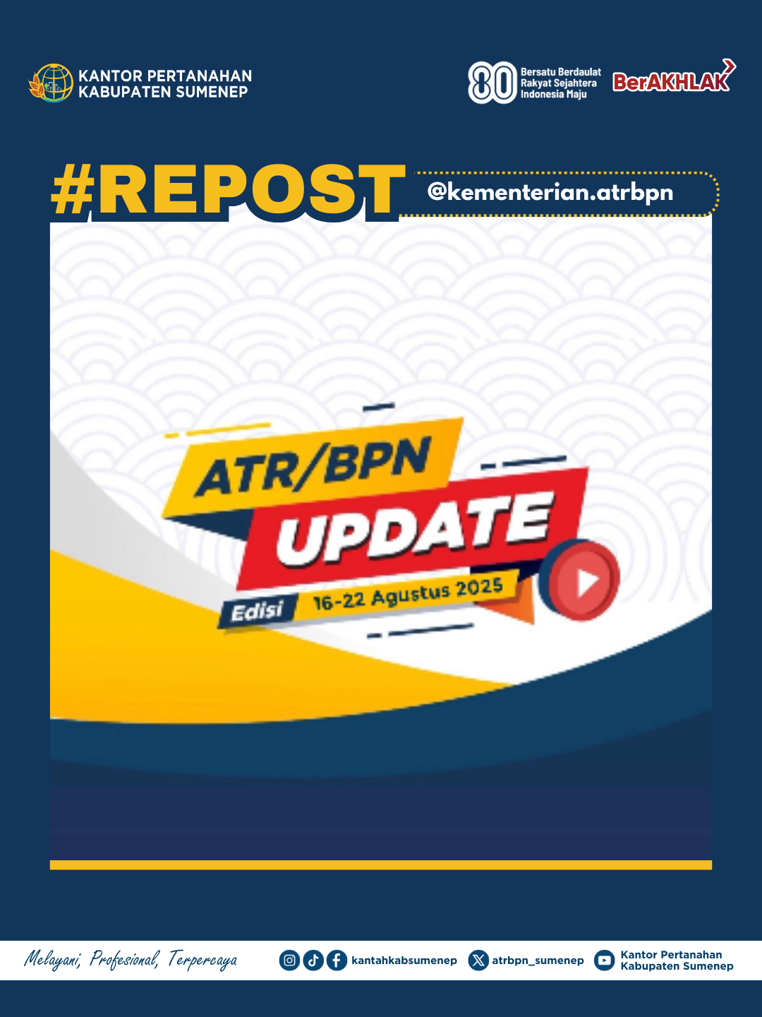 #repost @kementerian.atrbpn  Halo #SobATRBPN, Semangat senin ya! Untuk memulai pekan ini, yuk simak bersama kegiatan Menteri ATR/Kepala BPN, Nusron Wahid dan Wakil Menteri ATR/Wakil Kepala BPN, Ossy Dermawan selama satu minggu ke belakang di pertengahan bulan Agustus melalui ATR/BPN Update berikut ya, Sob☝🏼 #ATRBPNUpdate #MelayaniProfesionalTerpercaya #ATRBPNMajudanModern #ATRBPNKiniLebihBaik