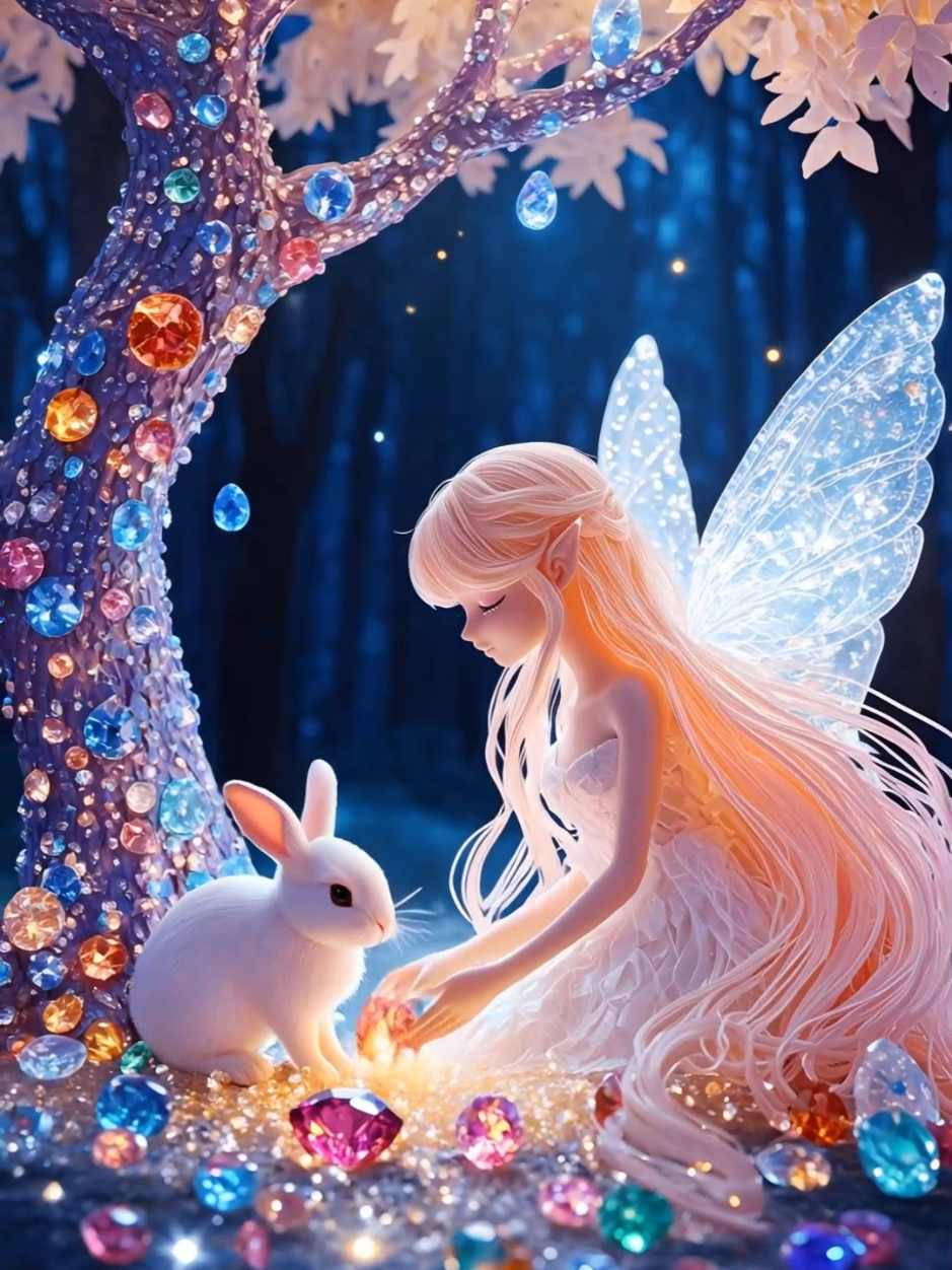 ✨ The fairy and rabbit gather gems from the crystal tree… 🌙 And decorate the night sky with shining stars! 🌌🐇 #Fairy #Rabbit #HealingVideo #Fantasy #MagicalWorld      