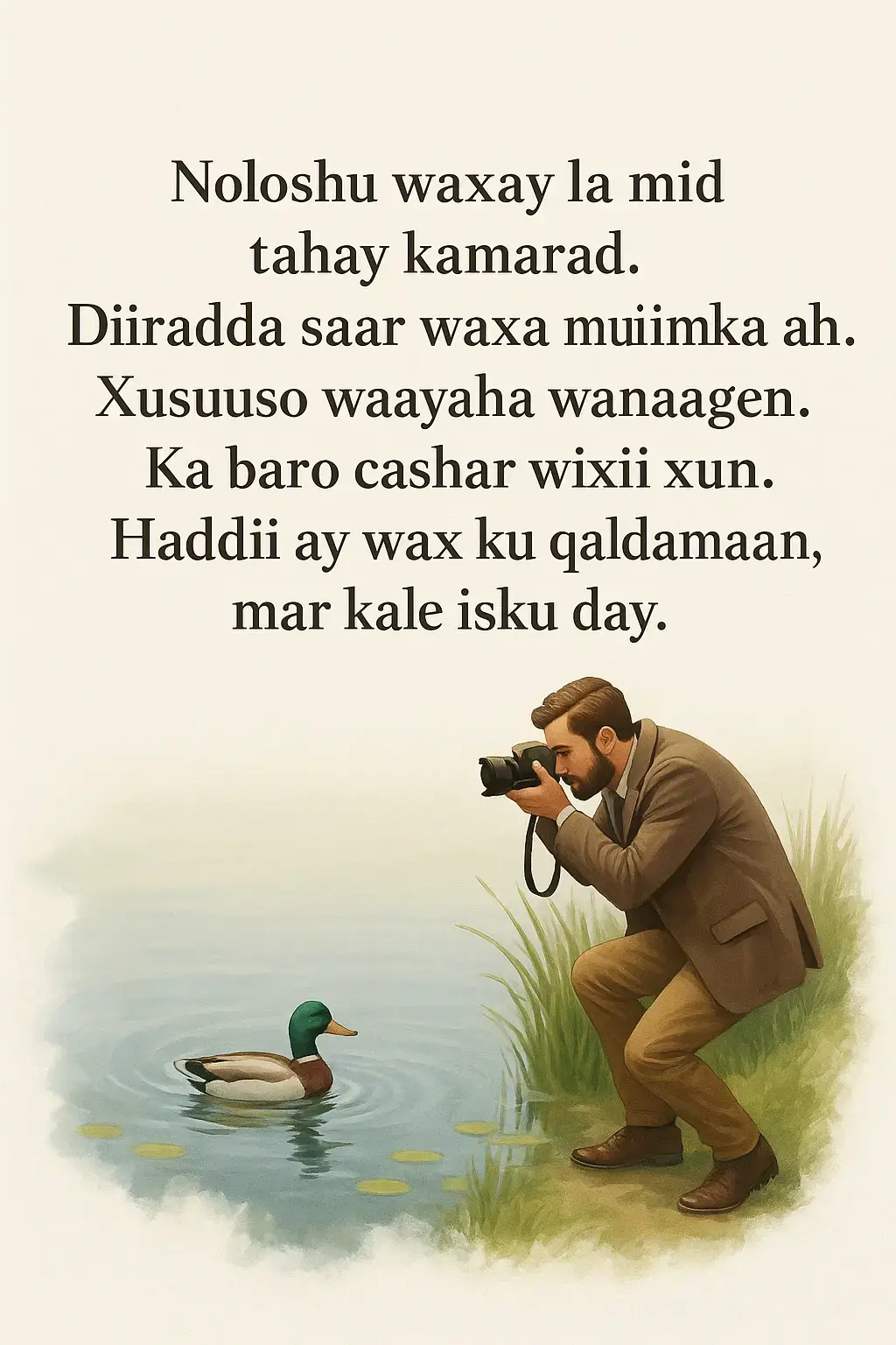 Noloshu waa safar buuxa fursado, caqabado, farxad, iyo murugo. Mararka qaar, waxay umuuqataa mid jahawareer leh, balse haddii aad u eegto sidii kaamirad, waxaad baran kartaa sida loo arko wax kasta oo nolosha ka dhaca si hufan. Kaamiraddu waxay diiradda saartaa waxa muhiimka ah, waxayna waxyaabaha aan muhiimka ahayn ka saartaa muuqaalka. Sidaas oo kale, nolosha waa in aad xoogga saarto waxyaabaha kuu horseedaya horumar, farxad, iyo guul. Ha ku lumin waqtiga iyo tamarta waxyaabaha aan muhiimka ahayn. Kaamiraddu waxay qabataa xasuuso wanaagsan, waxayna ilaalisaa sawirada ugu quruxda badan. Nolosha, sidoo kale, waa muhiim in aad xasuusato guulahaaga, waayo-aragnimada wanaagsan, iyo dadka wanaagsan ee kugu hareeraysan. Kuwani waa dhaxalkaaga, waa xoogaa dhiirrigelin kuu ah markaad la kulanto dhibaato. Kaamiraddu waxay ka tagtaa meelaha mugdiga ah. Khaladaad iyo dhacdooyinka xun, waa in aanay noloshaada ka buuxin. Baro casharada khaladaadkaaga, laakiin ha u ogolaan inay kaa hor istaagaan inaad horay u socoto. Ugu dambeyntii, sida kaamirad, nolosha waxay ku baraa inaad horay u socoto, inaad wax ka barato, iyo inaad diiradda saarto quruxda iyo muhiimadda nolosha. Xasuusnoow: noloshaada gacantaada ayay ku jirtaa, adigaa sawiraya sheekadaada.