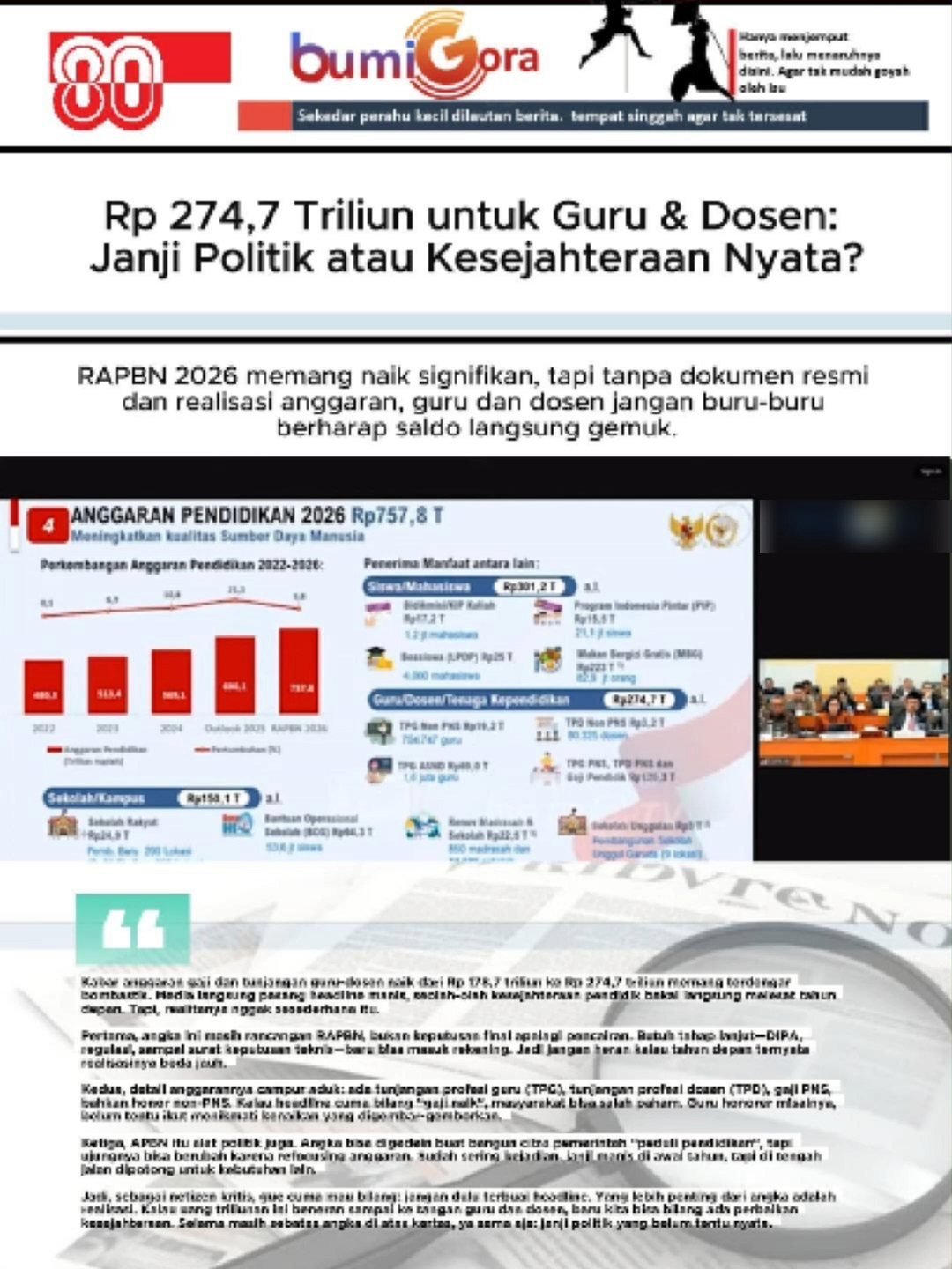 Rp 274,7 Triliun untuk Guru & Dosen: Janji Politik atau Kesejahteraan Nyata? RAPBN 2026 memang naik signifikan, tapi tanpa dokumen resmi dan realisasi anggaran, guru dan dosen jangan buru-buru berharap saldo langsung gemuk. Kabar anggaran gaji dan tunjangan guru-dosen naik dari Rp 178,7 triliun ke Rp 274,7 triliun memang terdengar bombastis. Media langsung pasang headline manis, seolah-olah kesejahteraan pendidik bakal langsung melesat tahun depan. Tapi, realitanya nggak sesederhana itu. Pertama, angka ini masih rancangan RAPBN, bukan keputusan final apalagi pencairan. Butuh tahap lanjut—DIPA, regulasi, sampai surat keputusan teknis—baru bisa masuk rekening. Jadi jangan heran kalau tahun depan ternyata realisasinya beda jauh. Kedua, detail anggarannya campur aduk: ada tunjangan profesi guru (TPG), tunjangan profesi dosen (TPD), gaji PNS, bahkan honor non-PNS. Kalau headline cuma bilang “gaji naik”, masyarakat bisa salah paham. Guru honorer misalnya, belum tentu ikut menikmati kenaikan yang digembar-gemborkan. Ketiga, APBN itu alat politik juga. Angka bisa digedein buat bangun citra pemerintah “peduli pendidikan”, tapi ujungnya bisa berubah karena refocusing anggaran. Sudah sering kejadian, janji manis di awal tahun, tapi di tengah jalan dipotong untuk kebutuhan lain. Jadi, sebagai netizen kritis, gue cuma mau bilang: jangan dulu terbuai headline. Yang lebih penting dari angka adalah realisasi. Kalau uang triliunan ini beneran sampai ke tangan guru dan dosen, baru kita bisa bilang ada perbaikan kesejahteraan. Selama masih sebatas angka di atas kertas, ya sama aja: janji politik yang belum tentu nyata. #AnggaranTriliunanTapiCumaKertas #GuruDosenBelumSejahtera #JanganCumaJanjiAPBN #SaldoBukanHeadline #RealisasiBukanRetorika #APBNUntukSiapa #Rp274TriliunMasukMana #JanganPHPGuruDosen #HeadlineIndahRealitaPahit #netizenbersuara