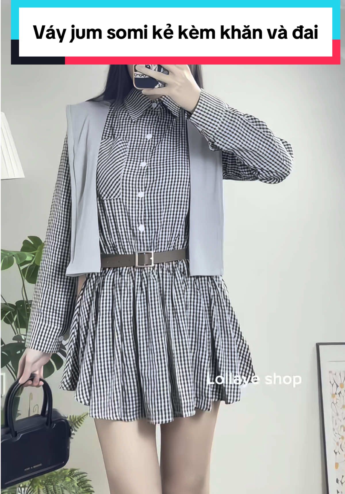 Váy jum somi kẻ kèm khăn mũ và đai #thoitrangnu #fyp #xuhuong #fashionista 