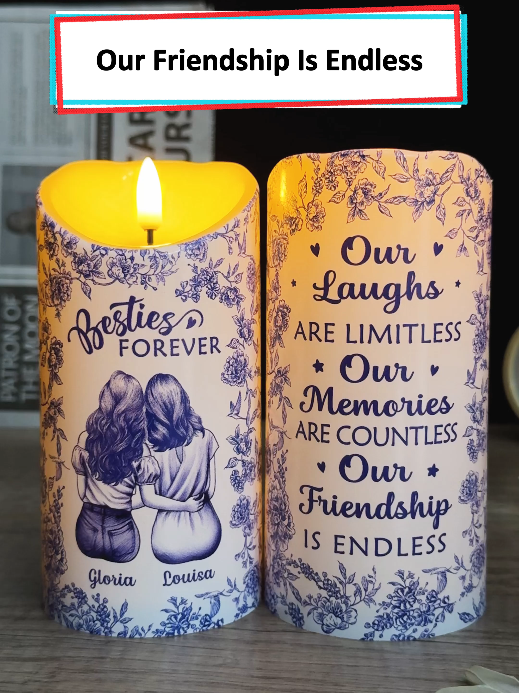 A personalized LED candle for your bestie. A safe, beautiful way to light up your endless friendship! 💖✨ #wanderprints #personalized #gifts #giftsforbestie #giftforfriend