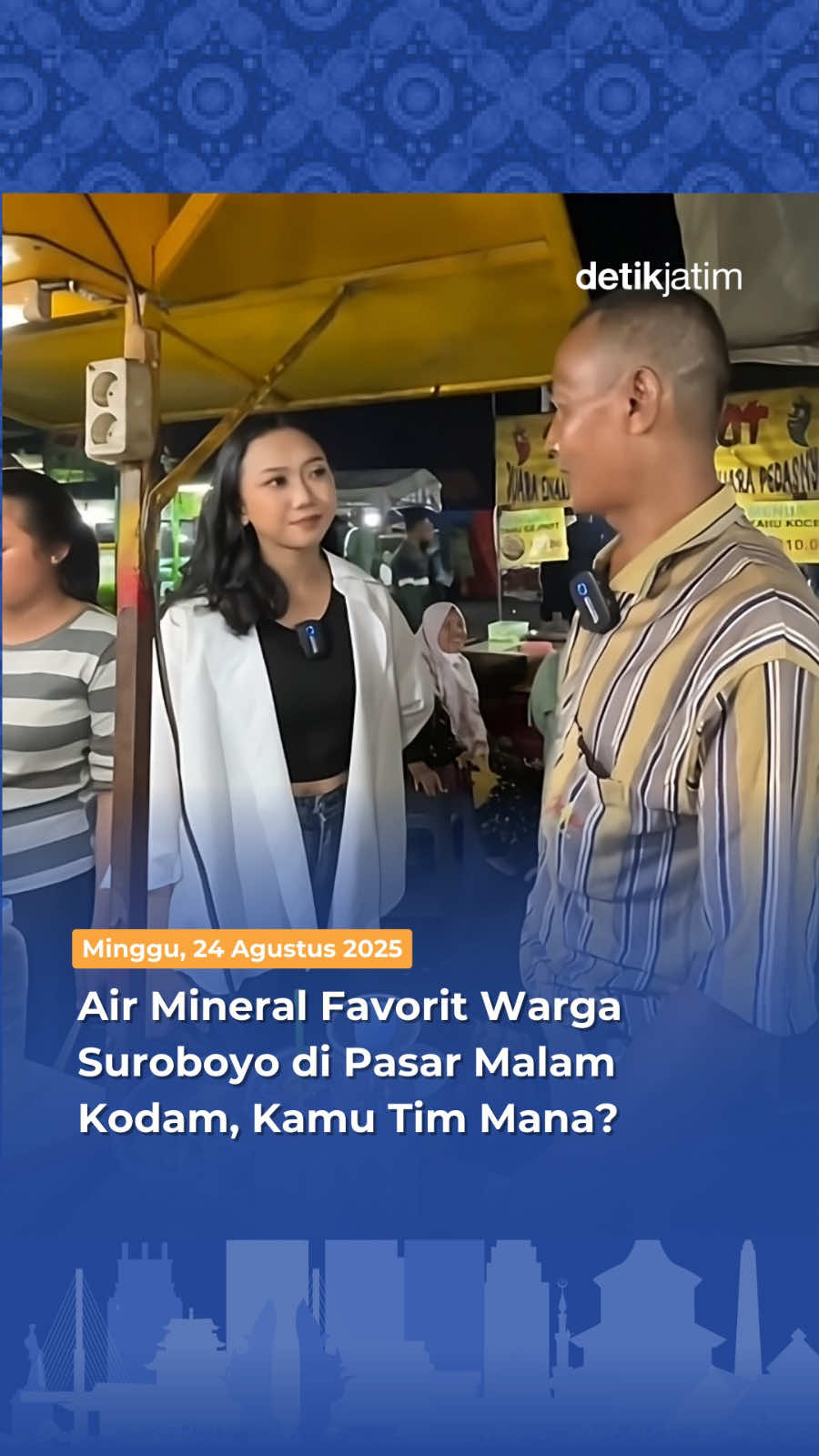 Hari ini kulineran di Pasar Malam Kodam Brawijaya, Surabaya! Tanya sana-sini, ternyata soal air mineral pilihannya macem-macem, rek. Ada yang suka karena seger, ada yang yakin karena segel’e utuh, sampek ada yang bilang rasane adem di tenggorokan. Wong Suroboyo emang pinter milih sesuai selerane. Kamu tim mana, rek? #detikjatim #infojatim #fyp #fypage #fypdong 