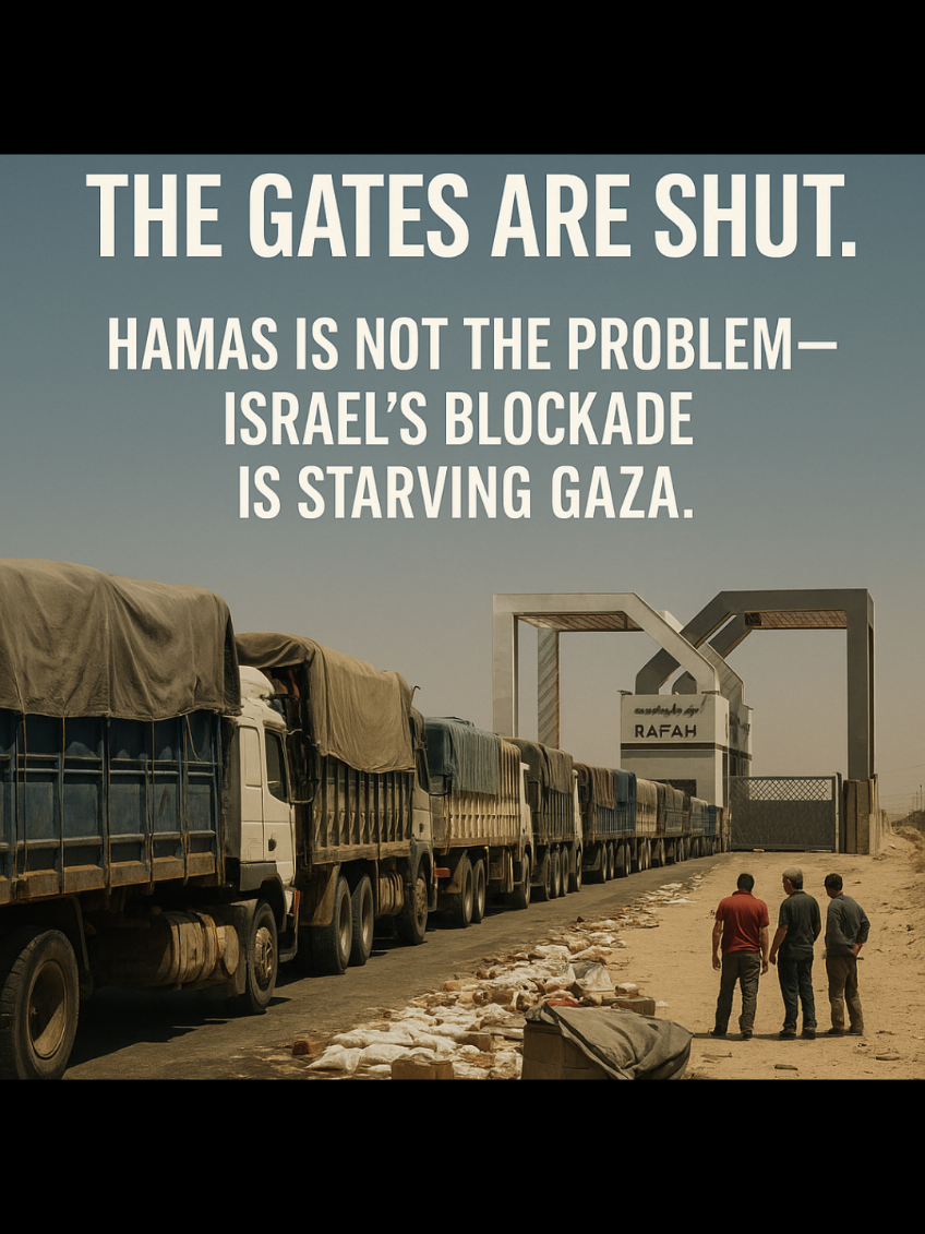 Starvation in Gaza is not the result of Hamas stealing food. There is no meaningful aid for them to steal. What aid does exist has been confirmed by humanitarian agencies to be bottled up at the borders by Israel’s blockade. Thousands of trucks with food and supplies are left waiting in the sun while children starve inside Gaza. The famine is not caused by Hamas — it is caused by Israel shutting the gates. #GazaStarvation #EndTheBlockade #FoodIsLife #HumanRights #TheGatesAreShut