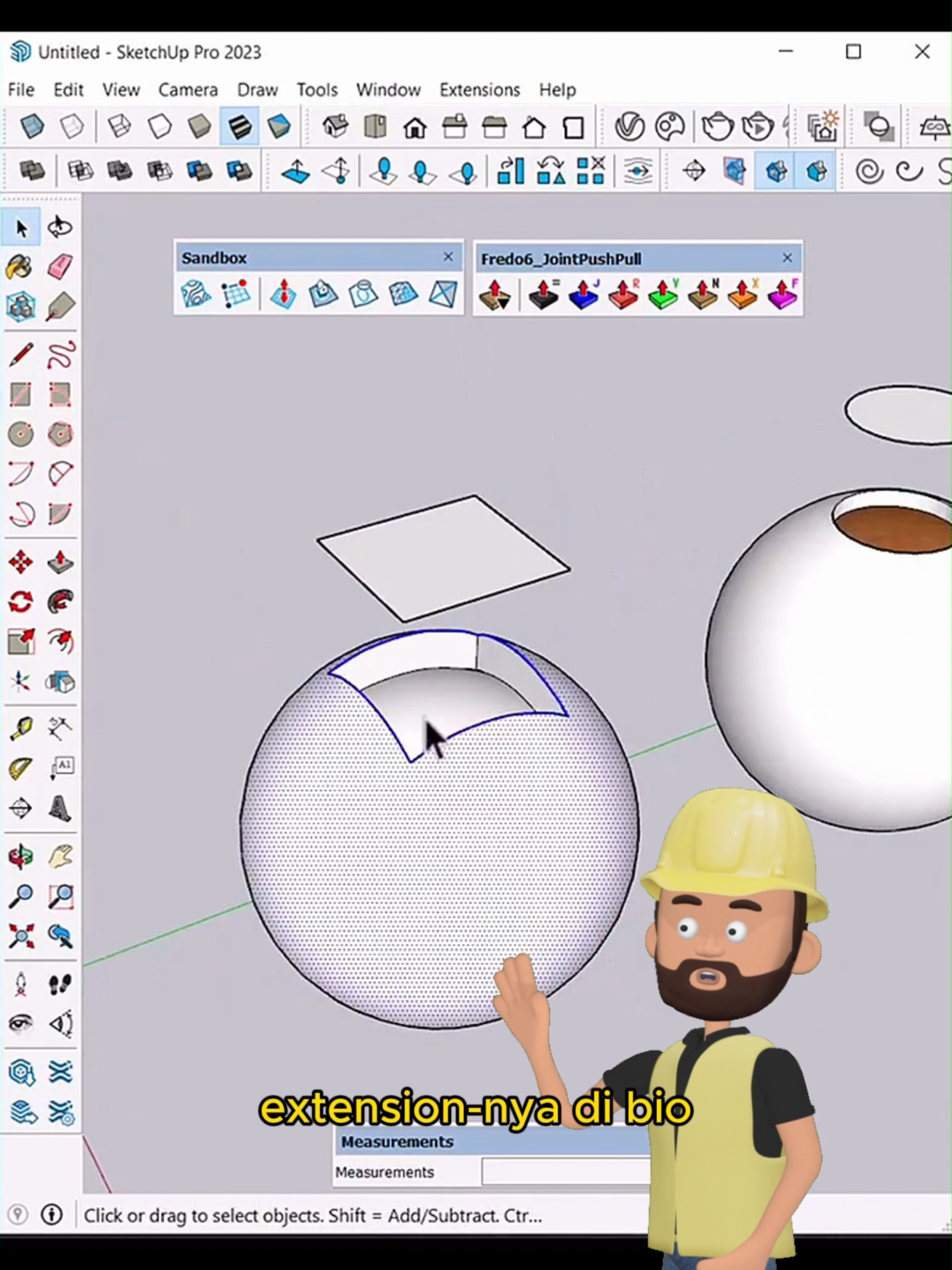 Objek bola itu paling susah dilobangi karena bidangnya tidak datar Tapi dengan extension ini, kamu bisa melobangi atau push objek bola dengan mudah Tutorial lengkapnya ada di video ini Extension ada di Bio #Sketchup #3DModeling #Arsitektur #ExtensionSketchup #TipsSketchup #Desain3D #BelajarSketchup #SketchupIndonesia #Arsitek #TrikSketchup