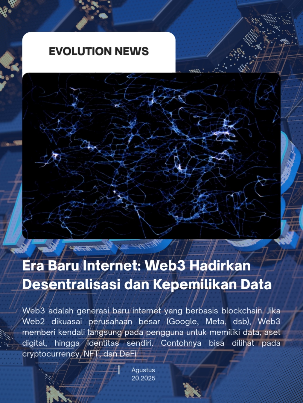 Setelah melewati Web1 (era membaca informasi) dan Web2 (era berbagi & interaksi lewat media sosial), kini dunia memasuki babak baru: Web3. Web3 hadir dengan konsep desentralisasi yang dibangun di atas teknologi blockchain. Jika selama ini data dan aset kita tersimpan di server perusahaan besar, maka di Web3 kendali sepenuhnya berada di tangan pengguna #Web3 #Blockchain #FutureOfInternet #DigitalRevolution #TechUpdate