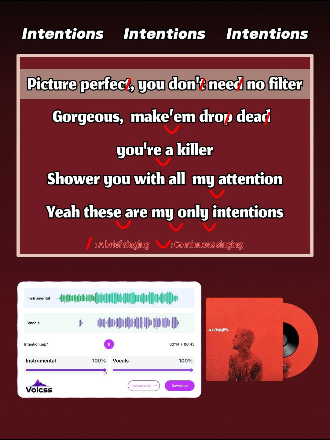 Let's learn the song'Intentions'together! Drop a comment below if you need practice tracks! #AImusictools #EnglishTeaching #MakeMusic #RemoveVocals #MusicProducer #FYP​​ #EnglishLearning #TrendingNow