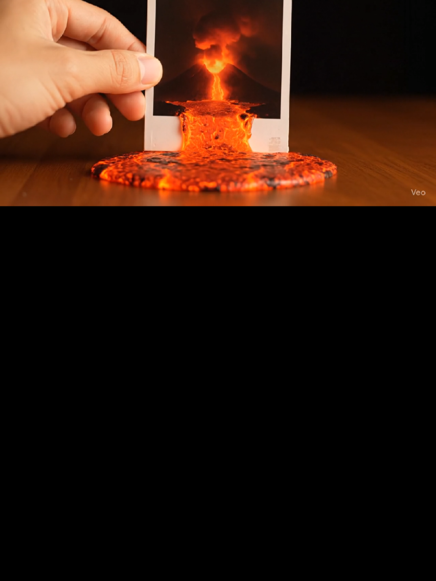 Prompt:  A hyper-realistic surreal photo of a hand holding a vintage Polaroid picture of an erupting volcano, with glowing lava and thick smoke. The lava appears to flow out of the photograph and onto the wooden table below, seamlessly blending with the real world. Highly detailed textures of molten lava, bright orange and red glowing veins, realistic smoke, dramatic lighting, and sharp focus, ultra-realistic 8K photography style. #ai #fyp #veo3 #chatgpt #viralprompts #klingai #dreamai31 
