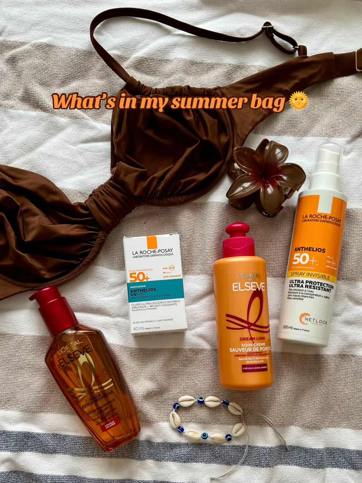 en partenariat avec L'OréalParisHaircare Mes 4 indispensables pour l’été  @L’Oréal Paris @La Roche-Posay #haircare #lorealparis #summerbag #whatsinmybag #beauty 