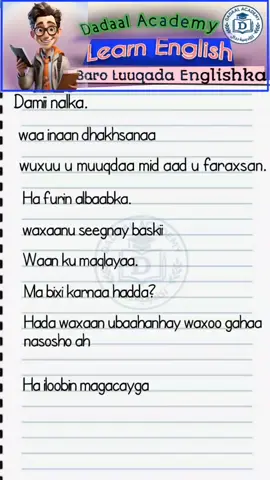 Learn English To Somaalo #ku_barro_luuqada_englishka_si_online_ah #englishiyosomali #somalitoenglish #dadaalacademy 